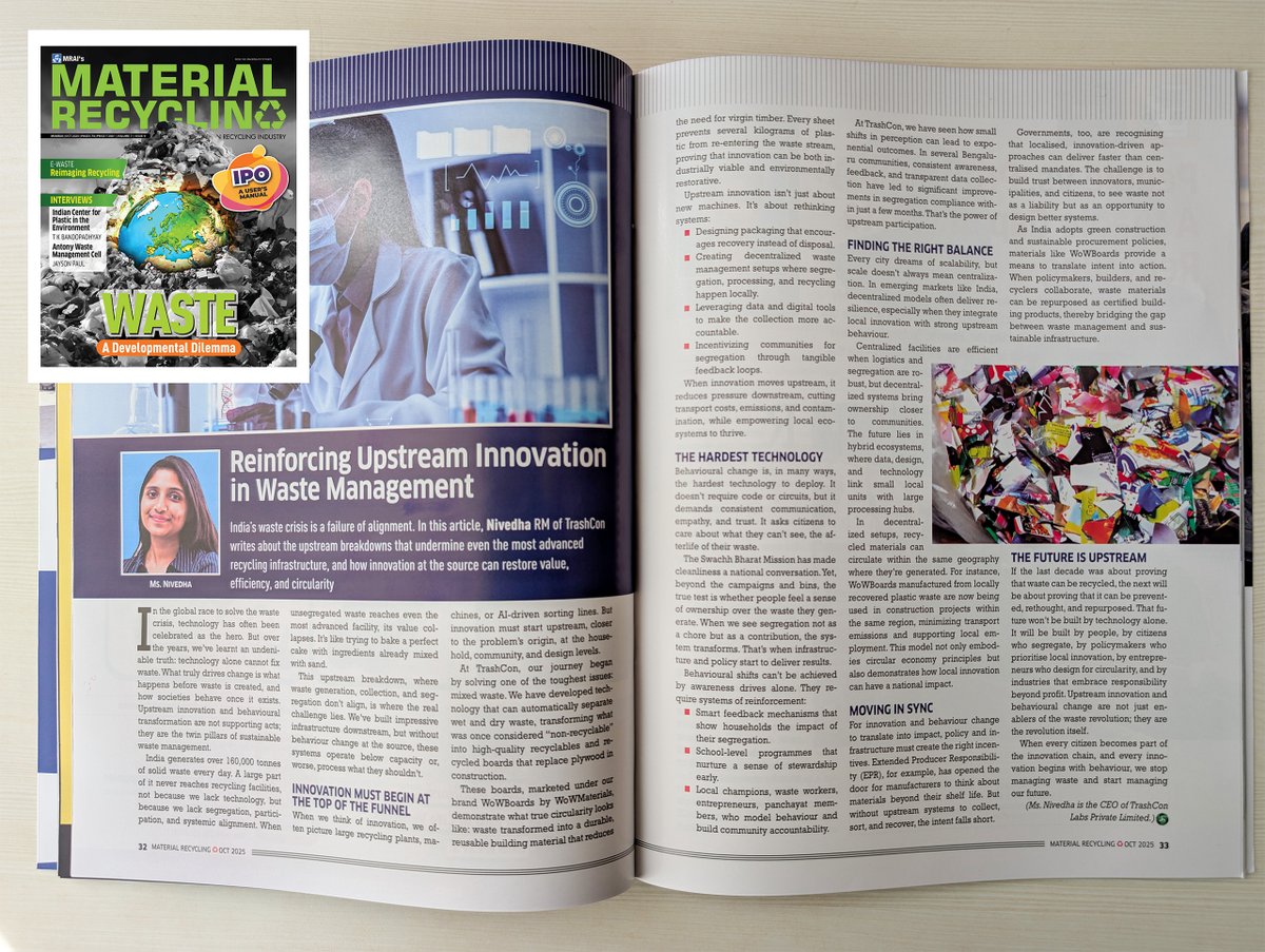 TrashConLabs's tweet image. A proud moment for Team TrashCon! 💚

Material Recycling Magazine features our CEO &amp;amp; Founder, Ms Nivedha RM, for leading TrashCon’s mission to restore value through upstream innovation.

With MRFs across 7+ states &amp;amp; 3 countries, we’re turning mixed waste into value.