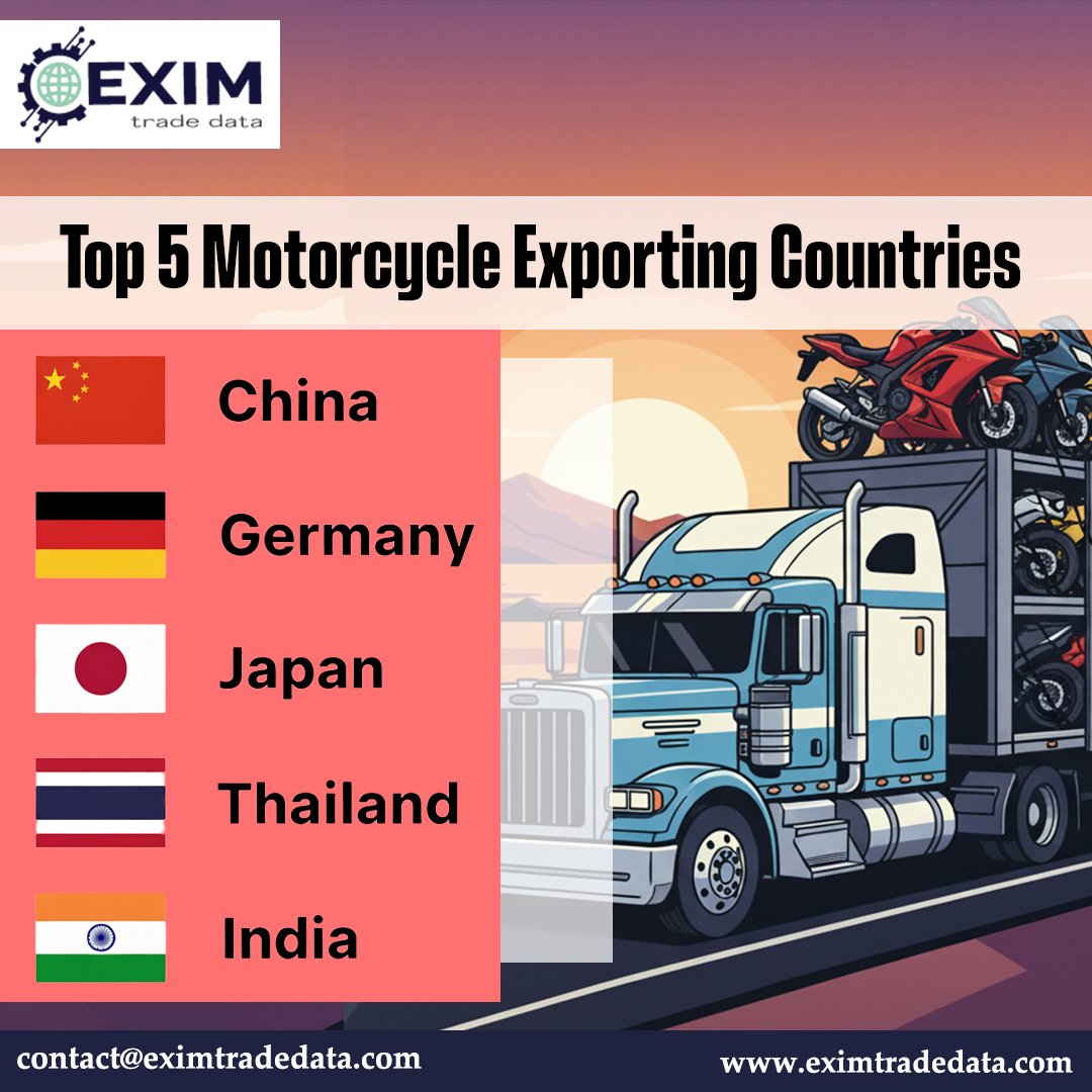 eximtradedataa's tweet image. Explore the Top 5 Motorcycle Exporting Countries: China, Germany, Japan, Thailand, and India. Get global motorcycle export trends and data insights with Exim Trade Data.
#MotorcycleExports #GlobalTrade #ExportData #MotorcycleTradeMarket #InternationalBusiness #TopExportCountries