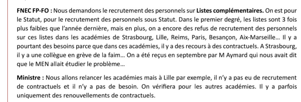 M. Le ministre <a href="/EdouardGeffray/">Édouard Geffray</a> 
La vérification est vite faite et publique dans les médias.
Notre collègue en grève de la faimn à Strasbourg s'est vue proposer un poste de contractuel car le recteur ne veut pas recruter la liste complémentaire...
Qu'attendez-vous ?
<a href="/stylos_les/">Les Stylos Rouges</a>