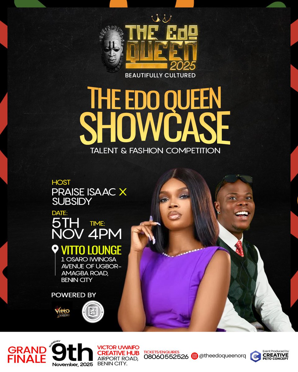 karterempire's tweet photo. DAY 4: THE EDO QUEEN SHOWCASE - Talent and Fashion Competition. 
The journey to the crown continues! Witness our beautiful delegates as they take the spotlight, showcasing talent, style, culture, and confidence in an unforgettable evening of elegance and entertainment. 
Don't forget, tickets are still available for sale; DM to get yours now.