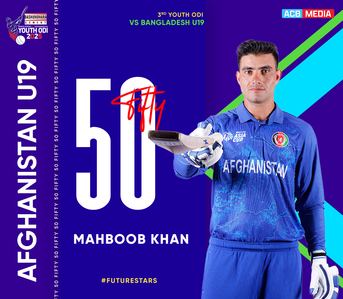 ACBofficials's tweet image. The skipper, Mahboob Khan, also steps up and gets to his half-century in the third Youth ODI match against Bangladesh U19s, as Afghanistan U19s reach 244/5, with four more overs to go in the first inning. 👍

#FutureStars | #BANU19vAFGU19