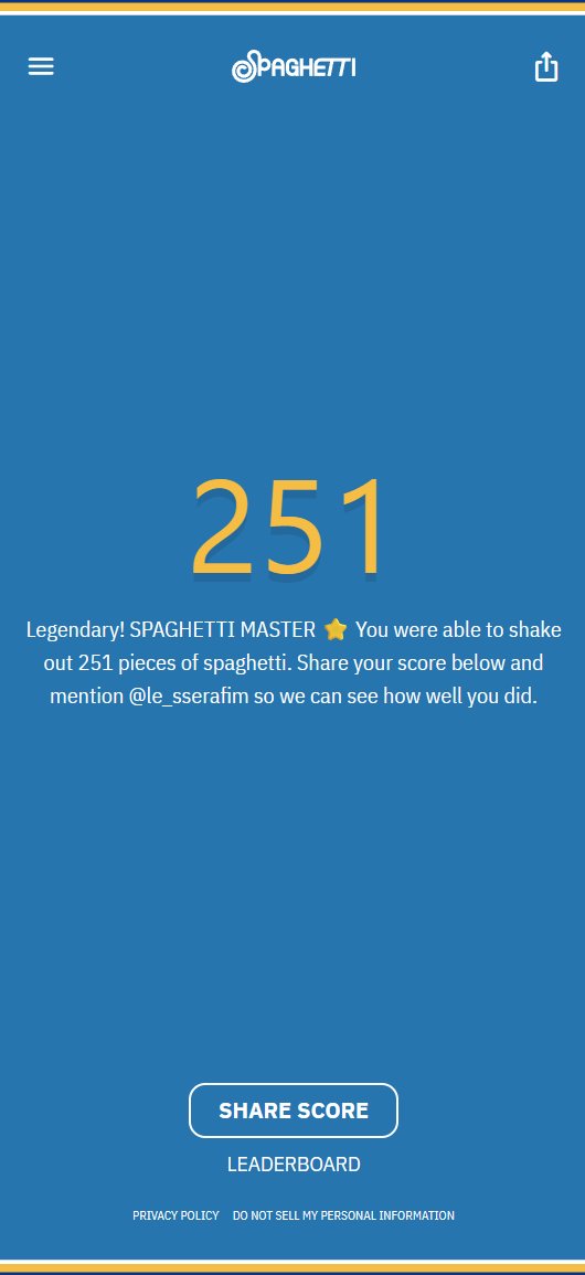 drolthiss's tweet image. #spaghettigame 👑🍝 251noodles
Legendary! SPAGHETTI MASTER 🌟
spaghettigame.com
