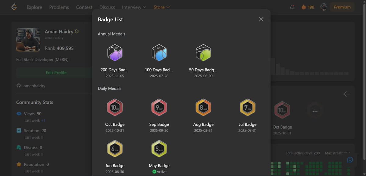 amanhaidry's tweet image. 🎯 Achievement Unlocked 
🏅 200 Days Badge on @LeetCode 💻

When I began my coding journey, I wasn’t sharing publicly. But that changed with the #100DaysOfCode challenge which I recently completed.

#LeetCode #leetcodeprogress #leetcodedaily