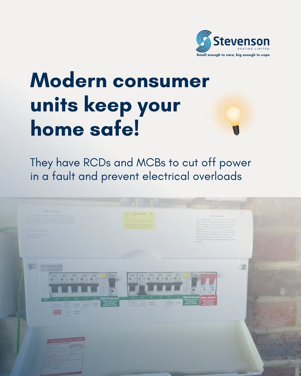 StevensonHtg's tweet image. Protect your home with a modern #consumerunit. 

RCDs and MCBs provide crucial protection against #electrical shocks and fires. 🔥 

Learn more about the #safety benefits here 👉 rfr.bz/t23d9e6

#electricalsafety #RCD #MCB #fuseboxupgrade #WestWickham