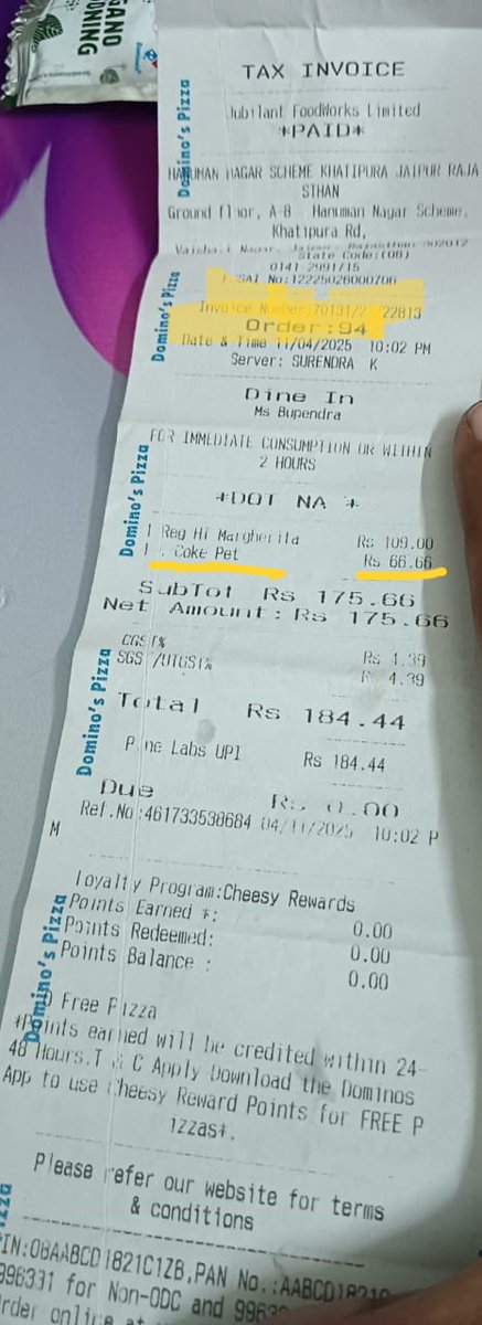 DeepMehra2's tweet image. On 4th Nov 2025, I bought a 200ml @CocaCola bottle from @dominos_india Khatipura, Jaipur
The MRP printed on the bottle is ₹20, but Domino’s charged me ₹66 for the same item — ₹46 extra!
Isn’t this a clear violation of the MRP rule under the Consumer Protection Act?
@consaff