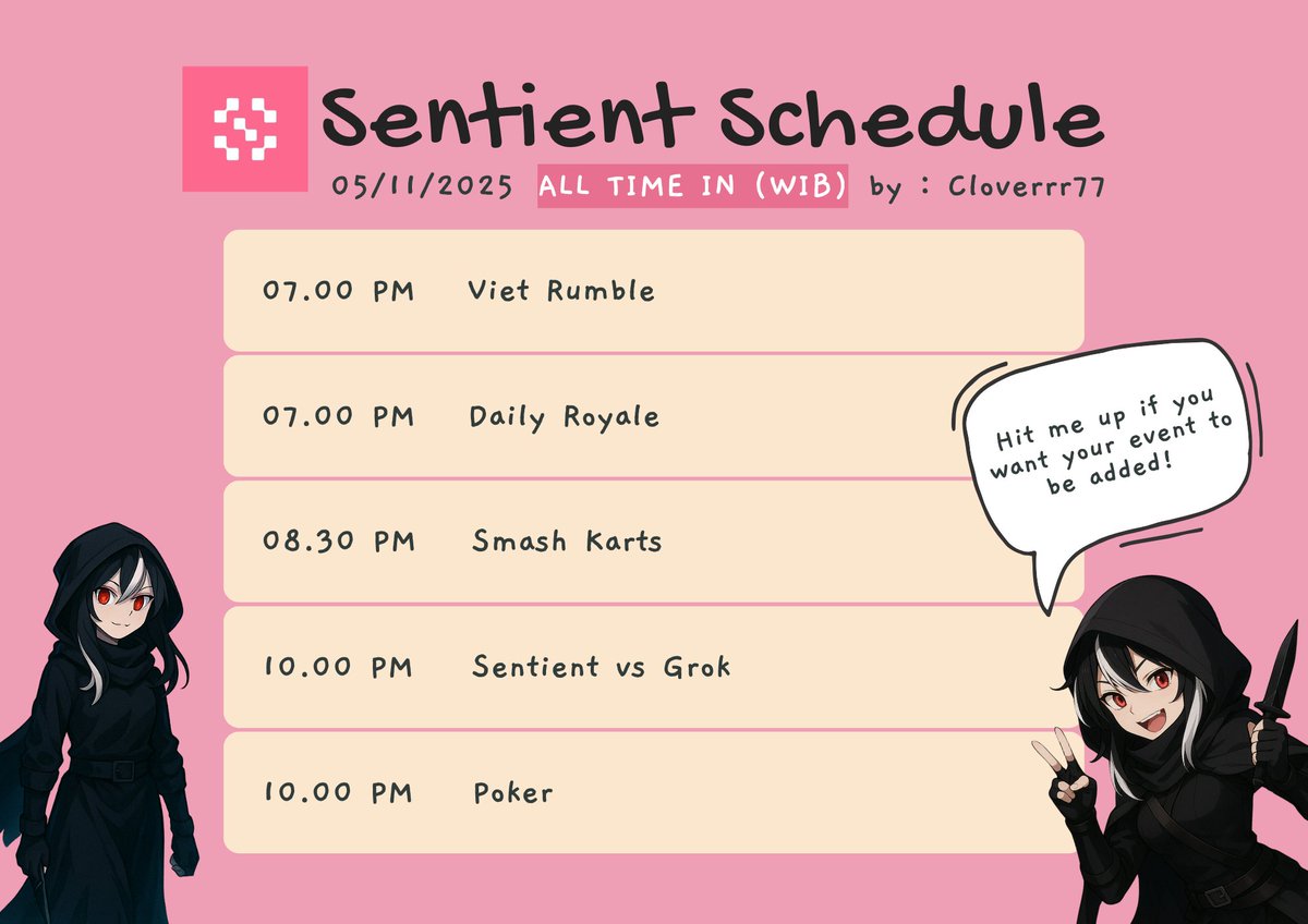 cloverrr77's tweet photo. Hi everyoneee!!! this is today's schedule for @SentientAGI events on Discord!!

Hit me up if you want your event to be added!!!

Thank you!! https://t.co/f7wP7aUODX