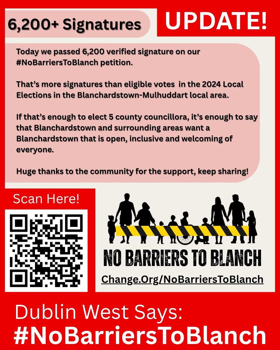 LukeDaly___'s tweet image. #NoBarriersToBlanch receives more signatures than votes cast in 2024 Local Election in the Blanch-Mulhuddart Ward. 

Petition Link: 
👉🏼Chage.org/NoBarriersToBl… 

Drop us a follow; 
👉🏼 Linktr.ee/Luke.Daly