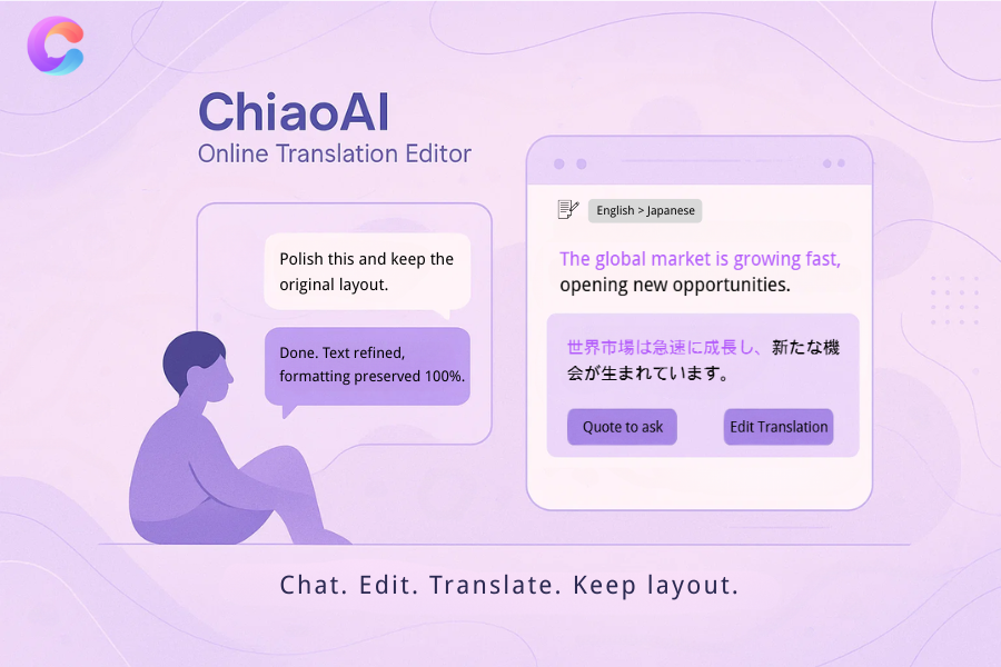 HiChiaoAI's tweet photo. Tired of copy–paste translation workflows?
With ChiaoAI, you can chat with your document, edit translations online, and keep every layout perfectly intact.
✨ Chat. Edit. Translate. Done.
👉🏼 https://t.co/uhgNiErRj2 https://t.co/UEmaj2P9G8