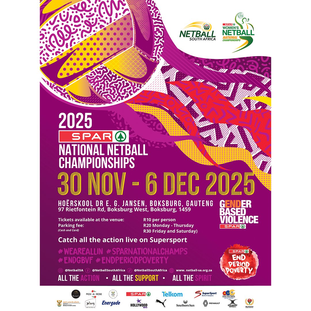 Netball_SA's tweet image. It’s the biggest one yet! 💥

The 2025 SPAR National Netball Champs begin 1 December in Boksburg 🇿🇦

👉 tinyurl.com/3u6wff2v

#SPARNationalChamps #WeAreAllIn #EndGBVF #EndPeriodPoverty

@My_SPAR