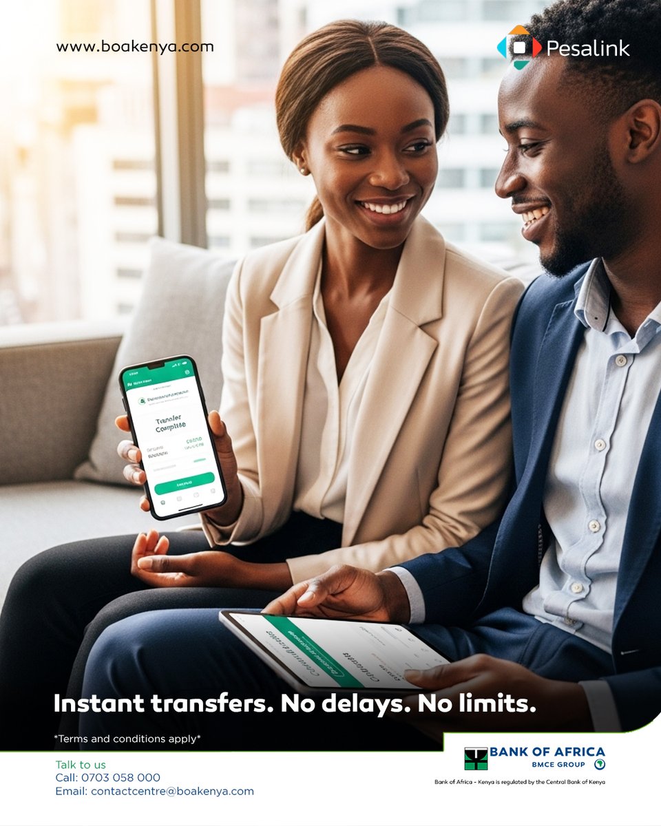 Need to send money at 2 AM? Trust PesaLink to do it  instantly , securely &amp; it’s available available 24/7! Access via our BMobile or BOAWeb
#PesaLink #BOAKenya