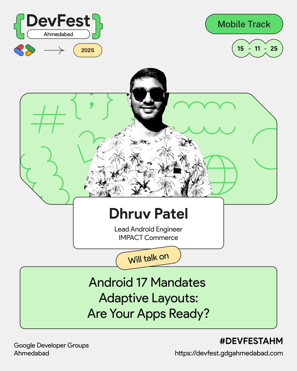 GDGAhmedabad's tweet image. @DearDhruv, Lead Android Engineer @impact_commerce, is speaking at GDG DevFest Ahmedabad 2025 

Topic: Android 17 Mandates Adaptive Layouts

Big screens, foldables &amp;amp; next-gen UI are no longer optional.

👉 tinyurl.com/yck8h2mx

#GDGAhmedabad #DevFest2025 #GDG #DevFestAhm