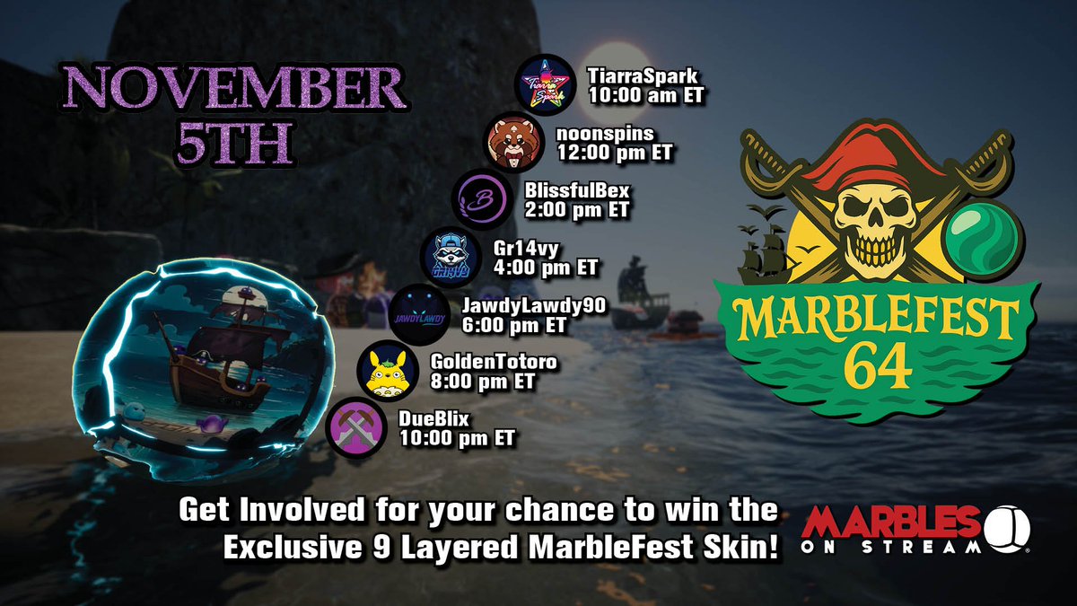 🏴‍☠️ MARBLEFEST 64 is officially LIVE!
The pirate marbles have set sail, and the seas are full of chaos, competition, and treasure! ⚓💀
🎯 Today’s Lineup (Nov 5th):
🕙 <a href="/TiarraSpark/">♡Tiarra♡</a>  – 10 AM ET twitch.tv/TiaraSpark
🕛 <a href="/NoonSpins/">NoonSpins</a>  – 12 PM ET twitch.tv/noonspins
🕑