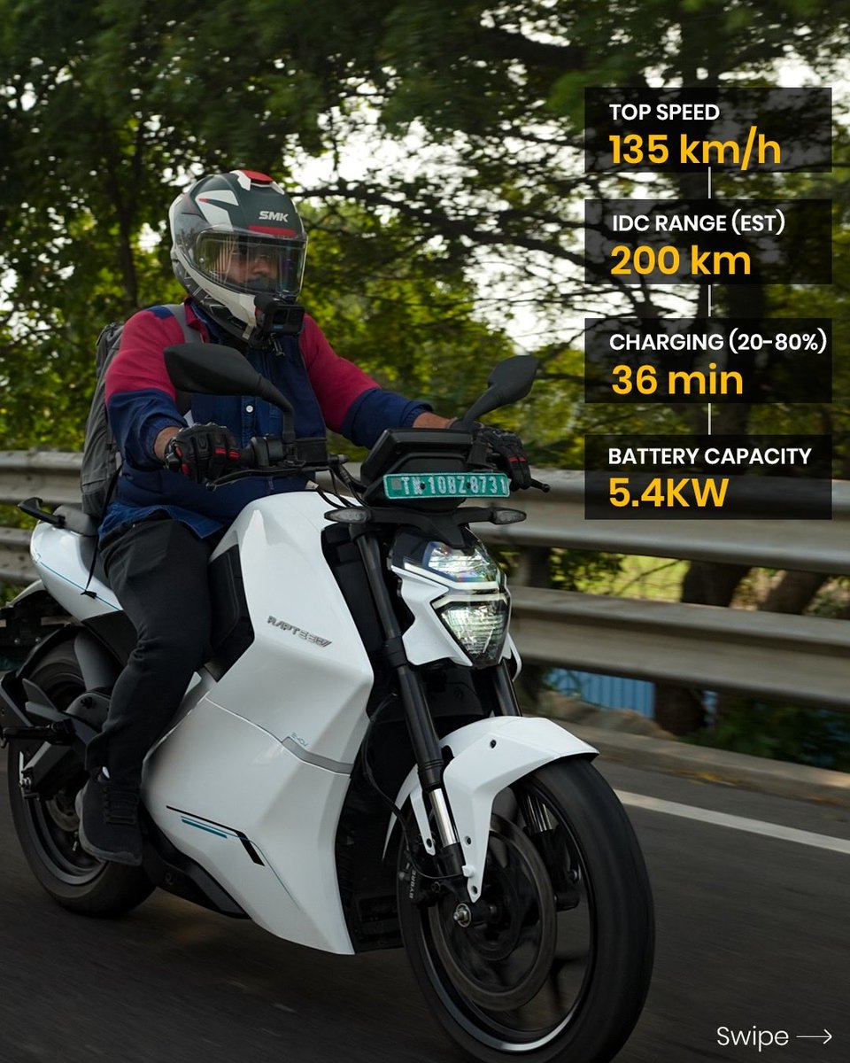 _EVINDIA's tweet image. ⚡ Meet Raptee T30 — where car-grade tech meets two-wheeled performance!

Built on high-voltage architecture, it packs a 5.4 kWh battery, 70 Nm torque &amp;amp; does 0–60 km/h in 3.5 s. Top speed? 135 km/h.

Is this India’s next big performance EV? 🇮🇳⚙️

#RapteeT30 #EVIndia @RapteeEnergy