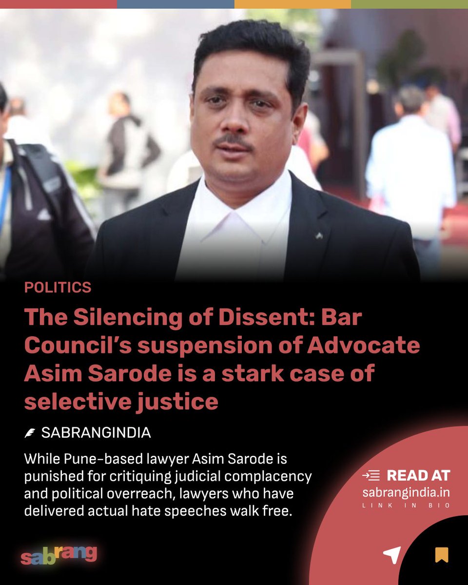 sabrangindia's tweet image. Selective Justice? The Suspension of Advocate Asim Sarode Exposes the Growing Intolerance Toward Dissent

#freedomofspeech #LegalSystem #SelectiveJustice #BarCouncilElections #sabrangindia

sabrangindia.in/the-silencing-…