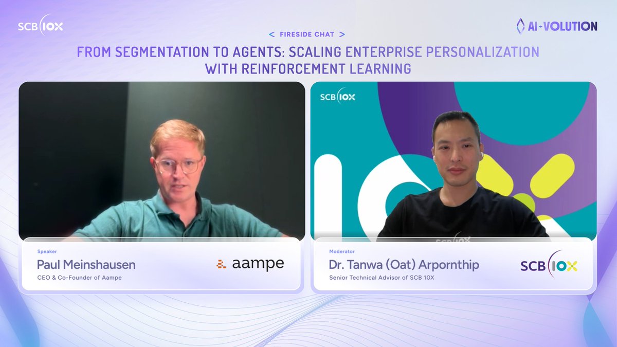 SCB10X_OFFICIAL's tweet image. Key Highlights #AIVOLUTION

Session: From Segmentation to Agents: Scaling Enterprise Personalization with Reinforcement Learning
@PMeins of Aampe &amp;amp; @flightcomms of @SCB10X_OFFICIAL

See thread👇