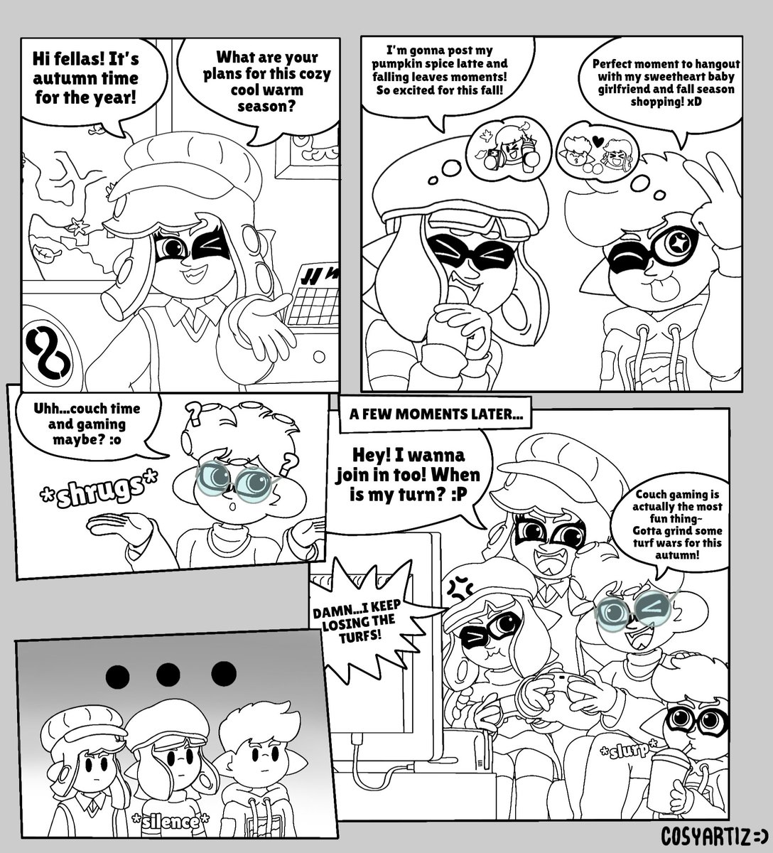 CosytheLegit01's tweet image. (Cosyverse Splatoon minicomic)
Autumn To-Dos! 🍂🎮☕

#cosyartiz #CosyverseSplatoon #Splatoon #SplatoonArt #splatoonoc