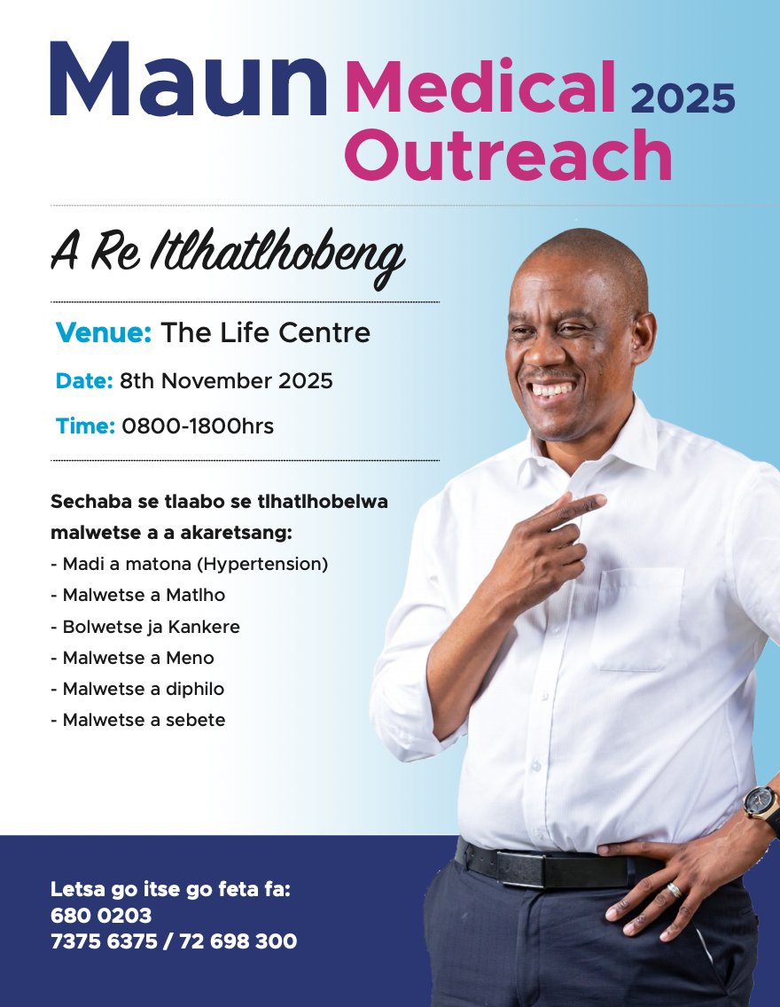 DumsSaleshando's tweet image. It is happening AGAIN! 🙌🏾🙌🏾 🔊 🔊 

The 2nd edition of the 𝗠𝗮𝘂𝗻 𝗠𝗲𝗱𝗶𝗰𝗮𝗹 𝗢𝘂𝘁𝗿𝗲𝗮𝗰𝗵 - this 𝗦𝗮𝘁𝘂𝗿𝗱𝗮𝘆 𝟴 𝗡𝗼𝘃𝗲𝗺𝗯𝗲𝗿 𝟮𝟬𝟮𝟱, 𝗮𝘁 𝘁𝗵𝗲 𝗟𝗶𝗳𝗲 𝗖𝗲𝗻𝘁𝗿𝗲. From 8am until 6pm, the public is invited for a day of 𝑭𝑹𝑬𝑬 health consultations,…