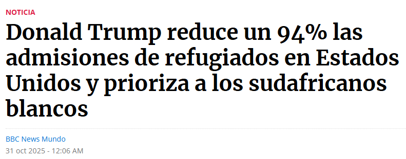 PiensoyLibre's tweet photo. El racismo de Trump y EE. UU. ya no se disimula: reduce un 94 % el cupo de refugiados y prioriza a sudafricanos blancos. Bajo el pretexto de la “seguridad nacional”, excluye a pueblos perseguidos y destruye la autoridad moral que el país dice defender. #EEUU #Racismo #Trump https://t.co/kYyTA5EuCg