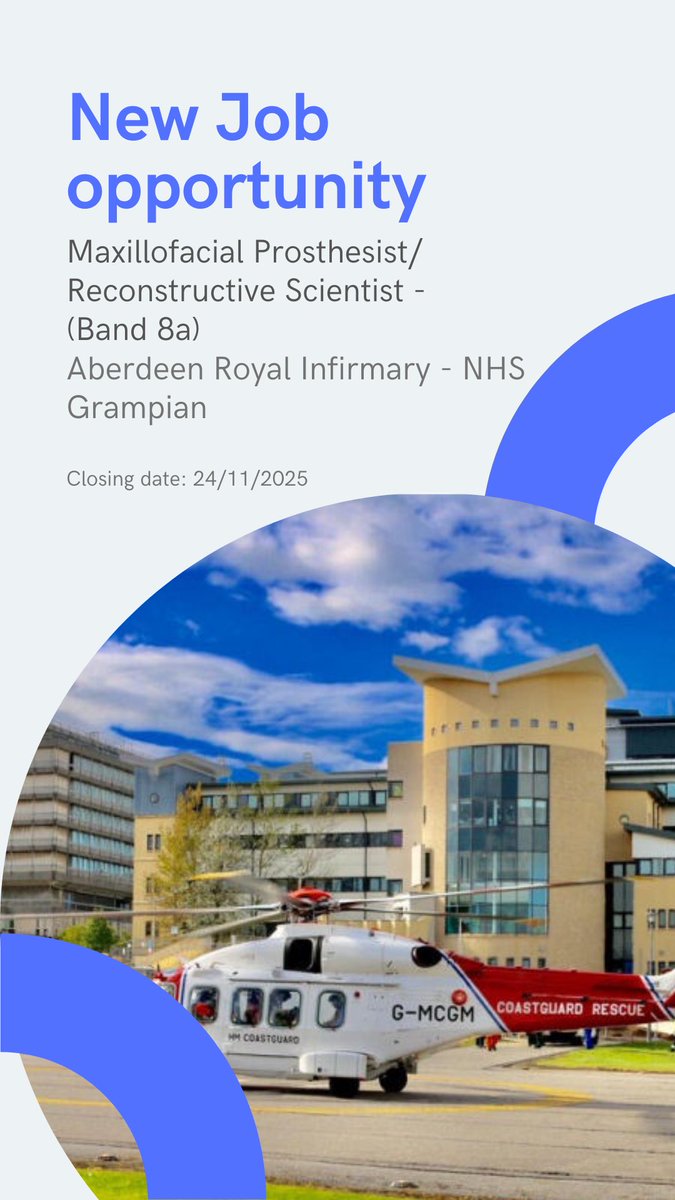 IMPT_news's tweet photo. JOB VACANCY 
Position: Maxillofacial Prosthetist/Reconstructive Scientist (Band 8a)

Location: Aberdeen Royal Infirmary

Application Deadline: 24/11/2025

For further details please use the following link

https://t.co/MX1ik3ZQpa https://t.co/ea982FfoQR