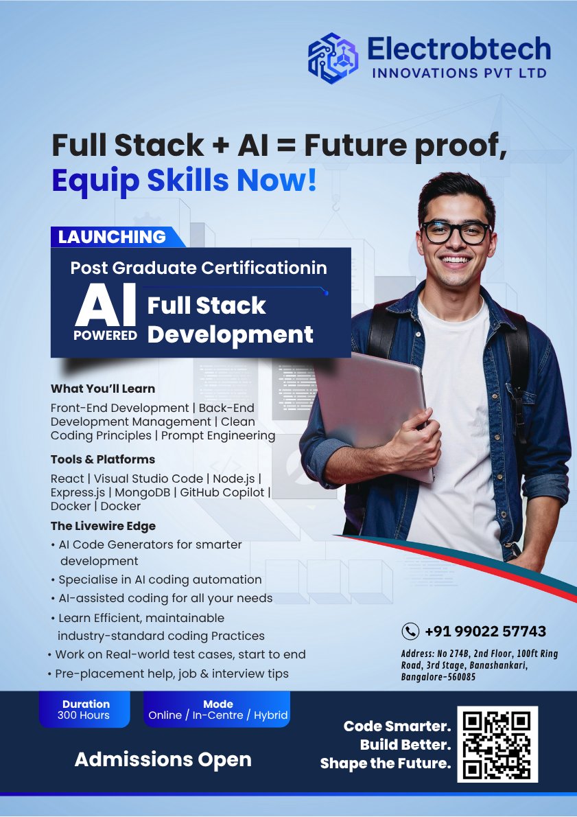 electrobtech's tweet image. 🚀Build Smarter. Code Faster.
Join Electrobtech Innovations and master AI-Powered Full Stack Development — where MERN meets Machine Intelligence.💡
Create the future of intelligent web apps today!
For more info:
Call: +91 99022 57743
Website: https://electrobtech.ini
#AIFullStack