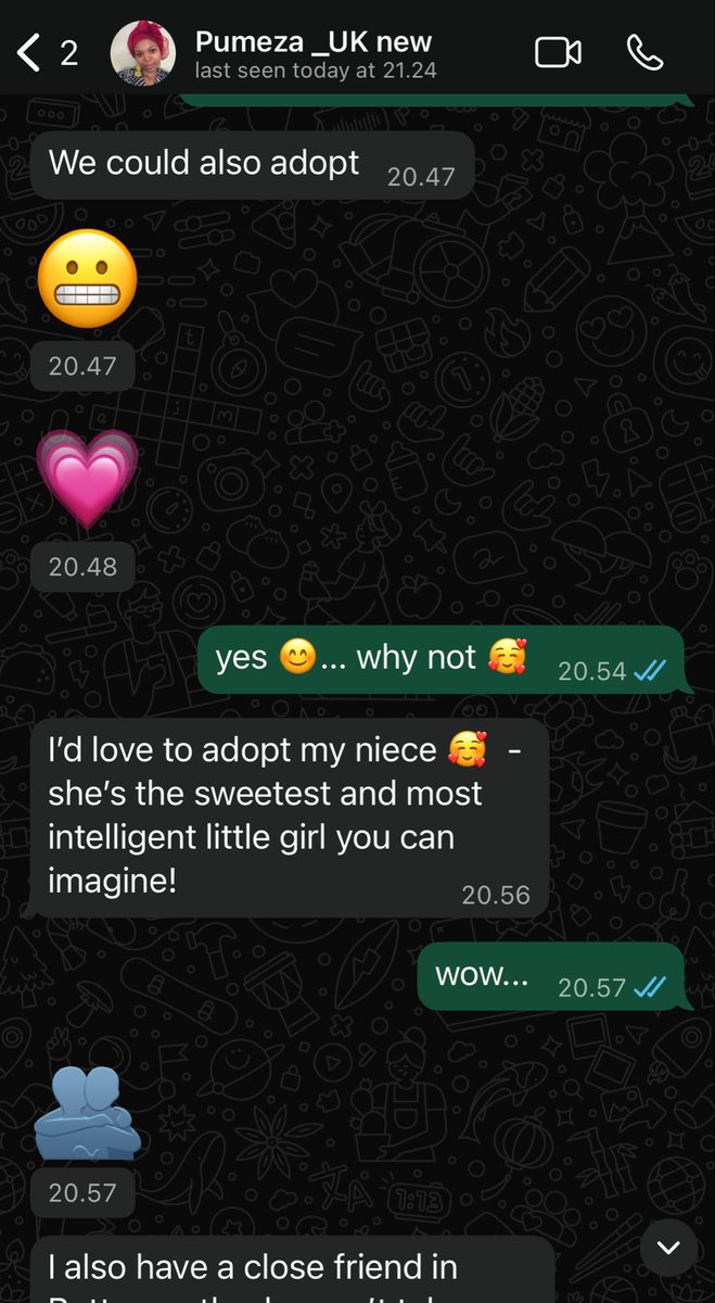 LungileWZ's tweet photo. Pumeza Matshikiza @PumezaSoprano just loves sharing our private messages from when we were partners. Here is part 1 of several thousand. pumeza wanted so much a child 👇🏽. Pumeza suggested that we could adopt her niece, as her brother was behaving completely irresponsibly as a father and her awful sister-in-law was utterly foolish, caring only about partying (I've can't say as I've never met them). The friend in Butterworth is Ntombi — a lovely person who, by the way, is on my side in our unresolved conflict.