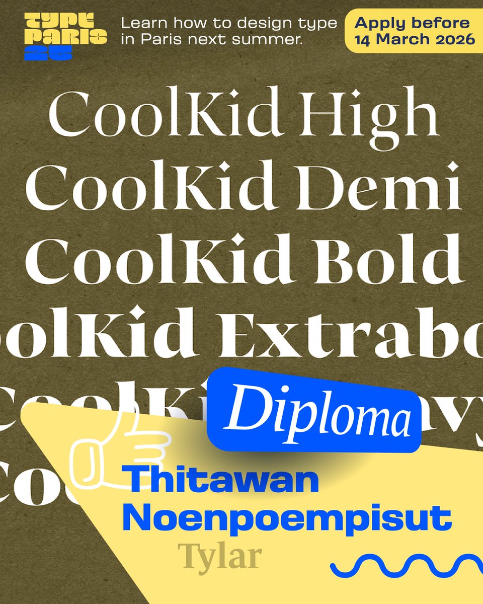Have a look to Tylar by Thitawan Noenpoempisut from Thailand who received her #typeparis25 diploma. 🤩 typeparis.com/attendees

➽ Apply before the 14 March 2026 for #typeparis26 to learn type design in Paris.
