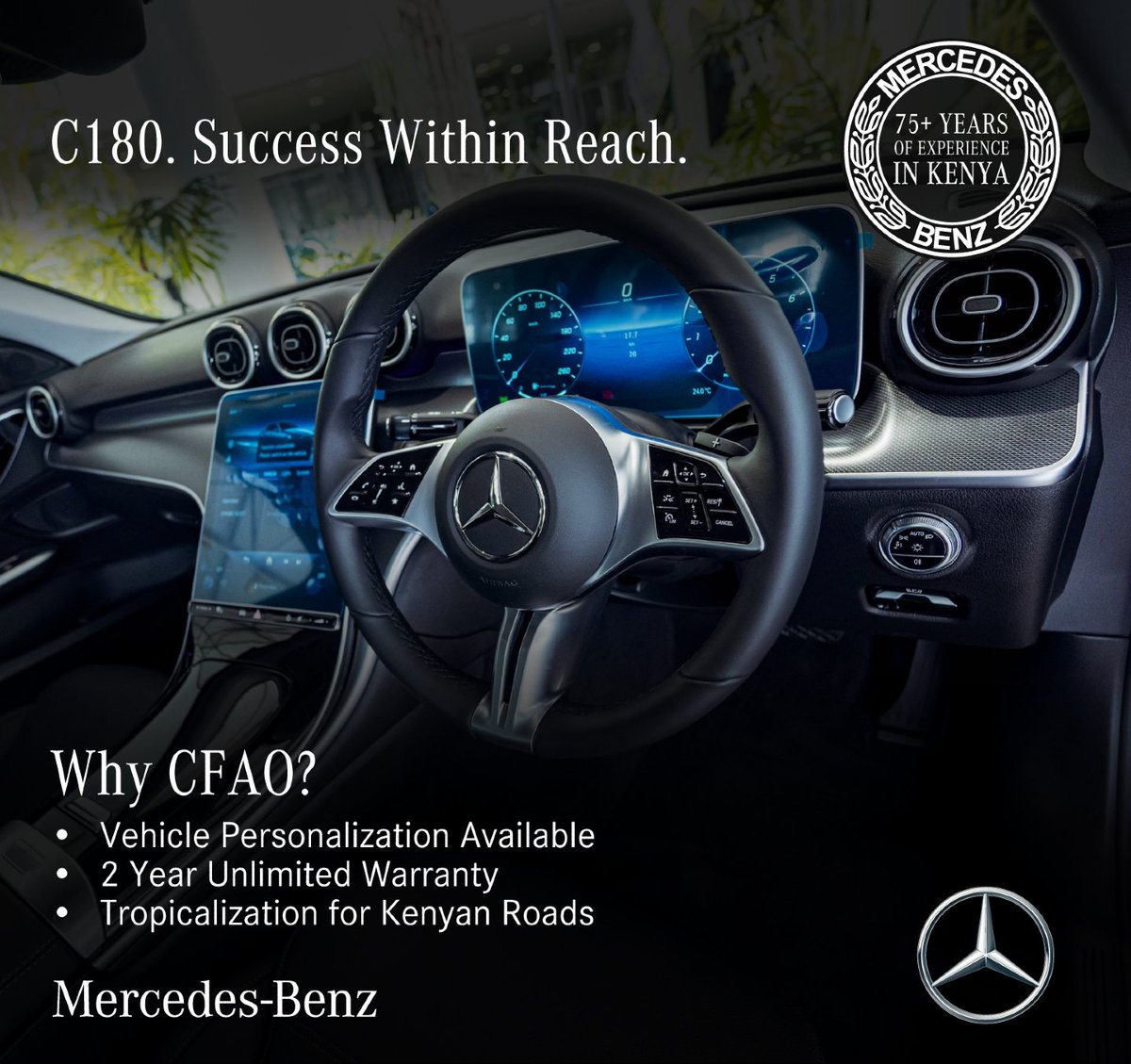 MercedesCFAOKE's tweet image. Your Mercedes-Benz C-Class is closer than you think. With CFAO Mobility’s flexible financing, you can step into luxury today and settle on your terms. 

Book your test drive now — call 0700 766 660 or visit mercedes-benz-kenya.com

#CFAOMobilityDrivesKenya #SuccessEngineered