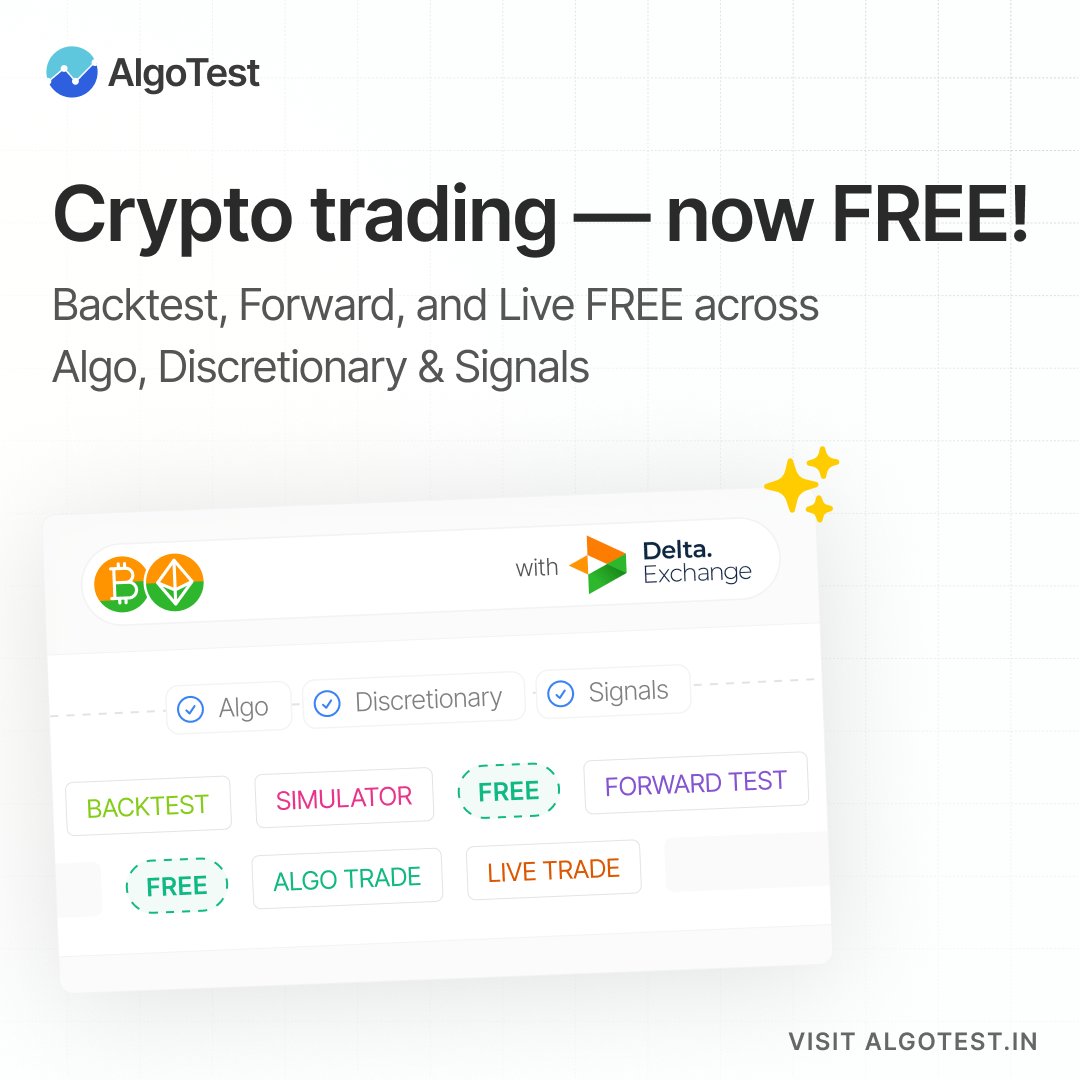 AlgoTest_in's tweet image. Good news for crypto traders!👀

You can now trade BTC &amp;amp; ETH for free on AlgoTest! Backtest, forward test &amp;amp; go live without limits! 🤝

Available exclusively via @DeltaExFno @DeltaExchangeIn 

Try now: algotest.in/register