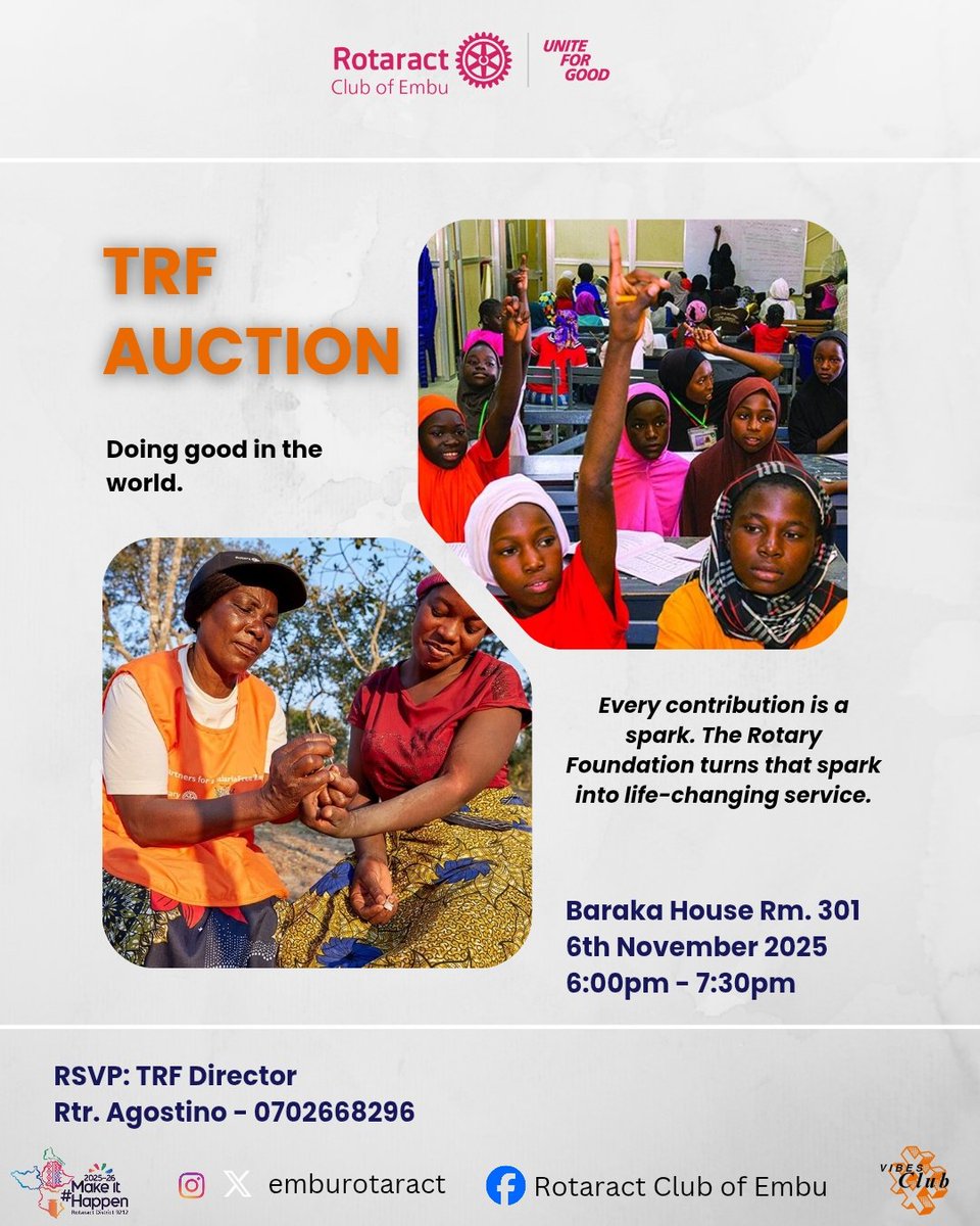 emburotaract's tweet photo. Itβs TRF Month β and weβre starting it STRONG! πͺπ½π
Join our TRF Auction tomorrow and be part of life-changing service β here at home and across the world. π
#TRFMonth #TRFAuction #UniteForGood #MakeItHappen #EmbuRotaract #RotaractClubOfEmbu #VibesClub #D9212 #RotaractKenya https://t.co/f4xGbWvM1y