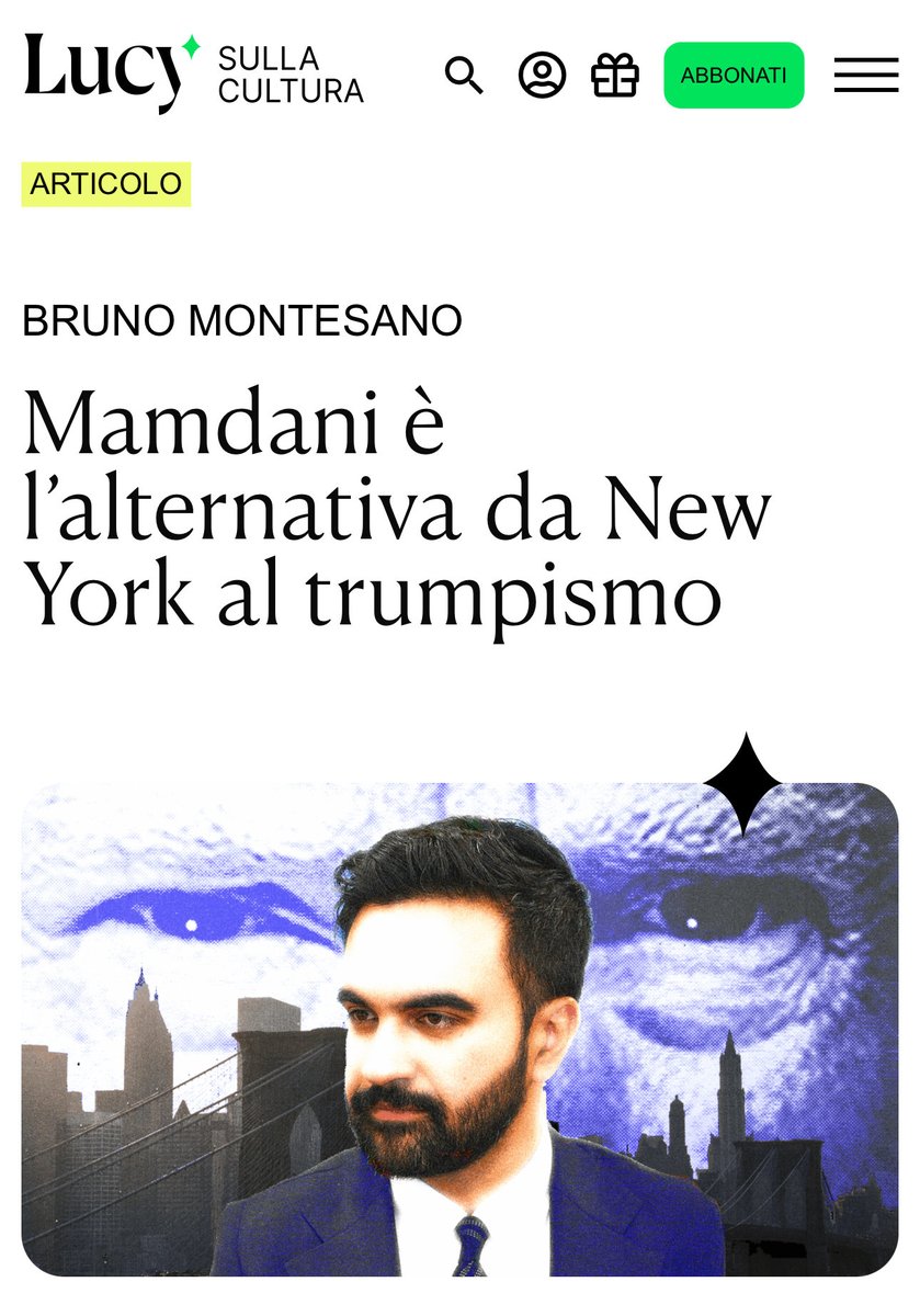 Sulla rivista Lucy <a href="/brun_montesano/">Bruno Montesano</a> racconta in un bellissimo ritratto il nuovo sindaco di #NewYork <a href="/ZohranKMamdani/">Zohran Kwame Mamdani</a>, tratteggia le sue idee e il suo mondo. Leggere e diffondere! lucysullacultura.com/mamdani-e-lalt…