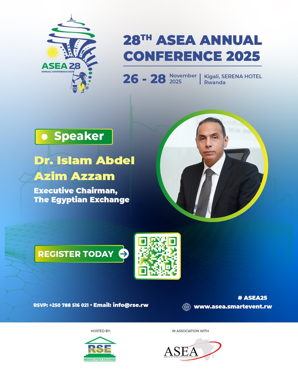 #ASEA2025 Annual Conference is around the corner!  Get to know the exceptional lineup of thought leaders/speakers who will be sharing insights and shaping conversations on the future of African capital markets:

Dr. Islam Abdel Azim Azzam has held numerous leadership positions,