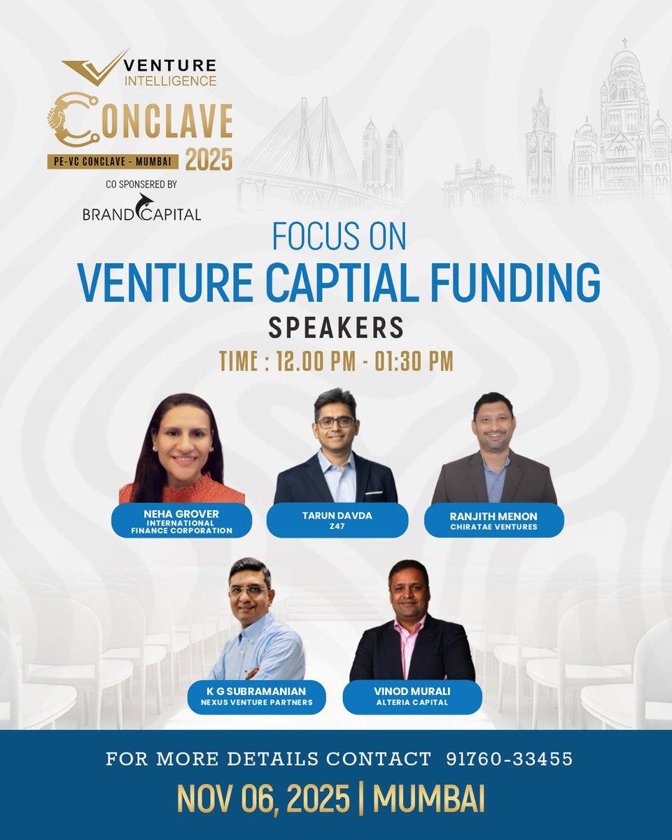 Listen to the top brains in the Panel - Venture Capital Funding: The Road Ahead at Venture Intelligence PE-VC Conclave on November 6 in Mumbai.

To register click imojo.in/mumbaiconcalve for more details static-site.ventureintelligence.com/conclave25-m/