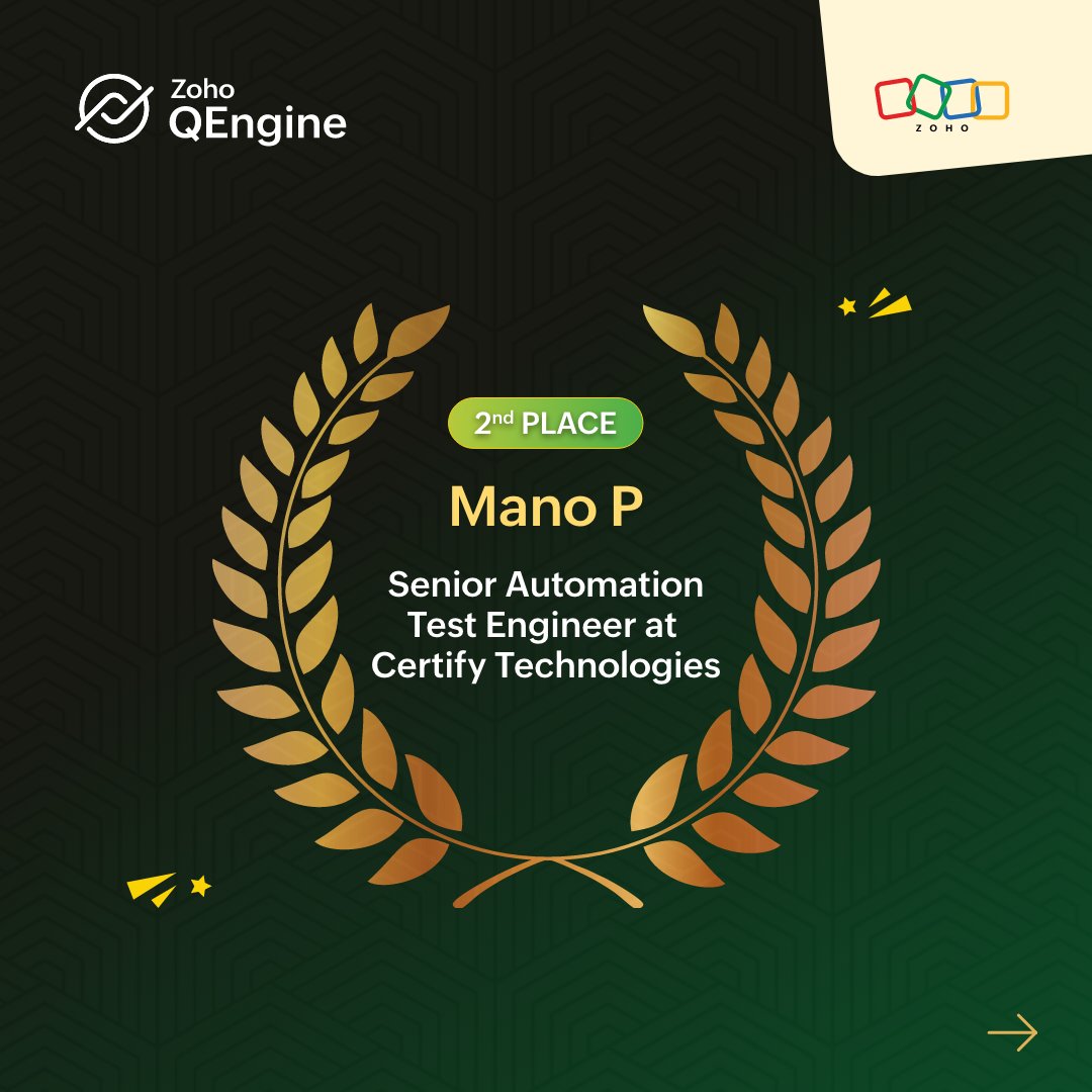 ZohoQEngine's tweet image. Congratulations Mano for winning second place in the Zoho QEngine Testathon 2025. We&apos;re glad you found Zoho QEngine to be user-friendly and intuitive!

#ZohoQEngineTestathon2025 #TestAutomation
