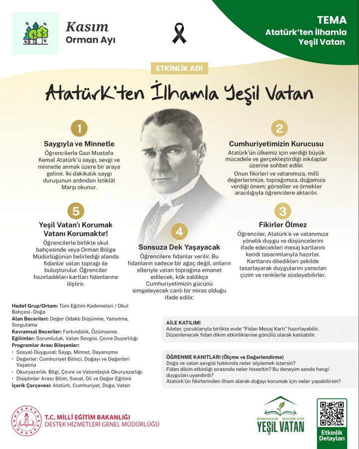 Poster with Turkish Ministry of National Education logo at top left and green leaf emblem at top right. Title Atatürkten İlhama Yeşil Vatan in bold green and black text. Three portraits of men in formal attire: left labeled K. Saygı ve minnetle anıyoruz with text about remembering Atatürks legacy; center labeled Soneruz Daygayak with text about eternal green homeland; right labeled Fikri Ömer with text about future generations. Bottom section with green book emblem and QR code mentioning event details and hashtags.