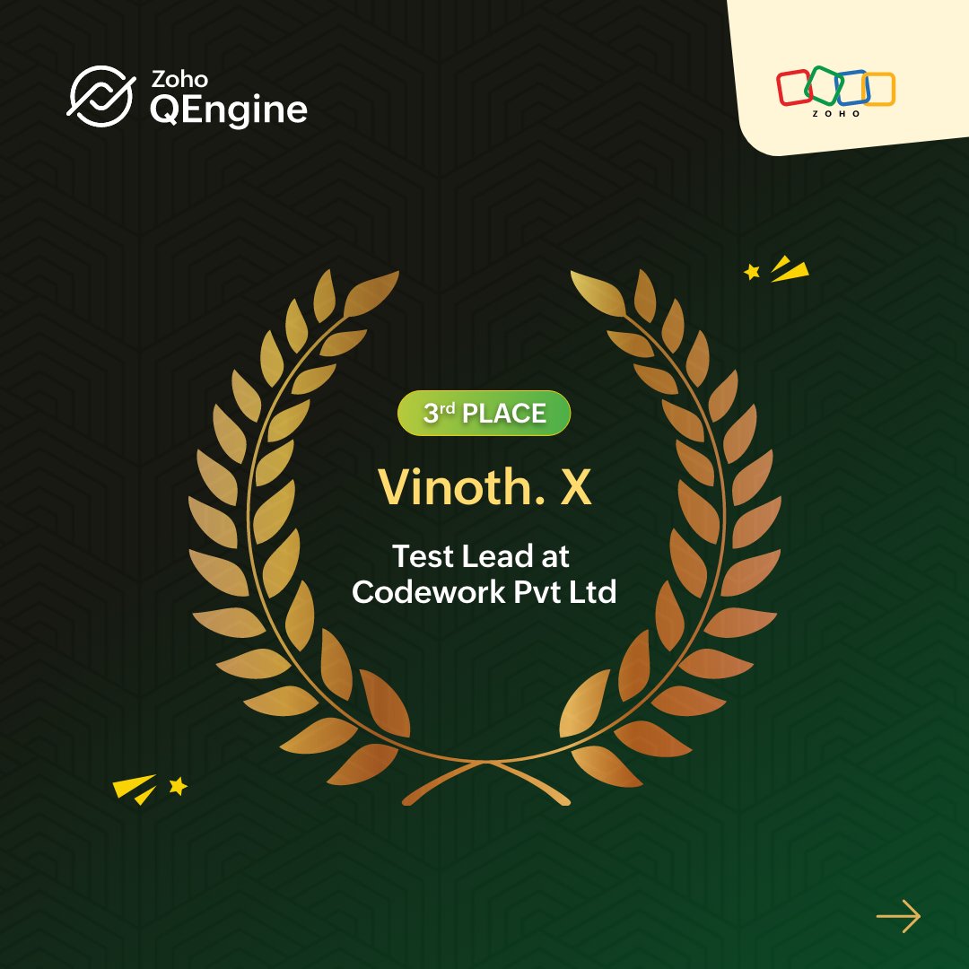 ZohoQEngine's tweet image. Congratulations Vinoth on winning third place in the Zoho QEngine Testathon 2025. We look forward to your app testing skills in the future editions of our Testathon!

#ZohoQEngineTestathon2025 #TestAutomation