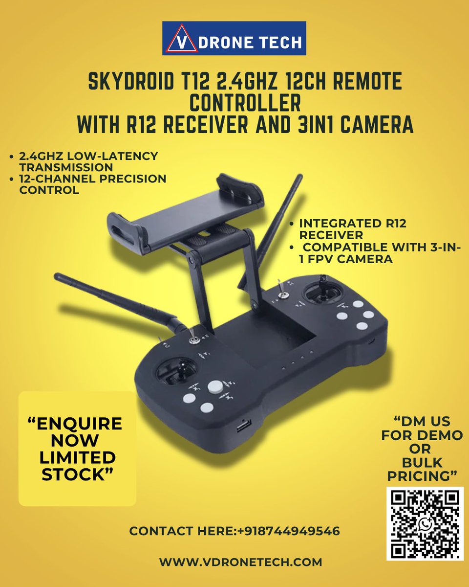 vdronetech's tweet image. Precision meets performance 🎮
The Skydroid T12 2.4GHz Controller with R12 Receiver + 3-in-1 FPV Camera is here!
#VDroneTech #SkydroidT12 #DroneTech #FPVCamera #UAVIndia