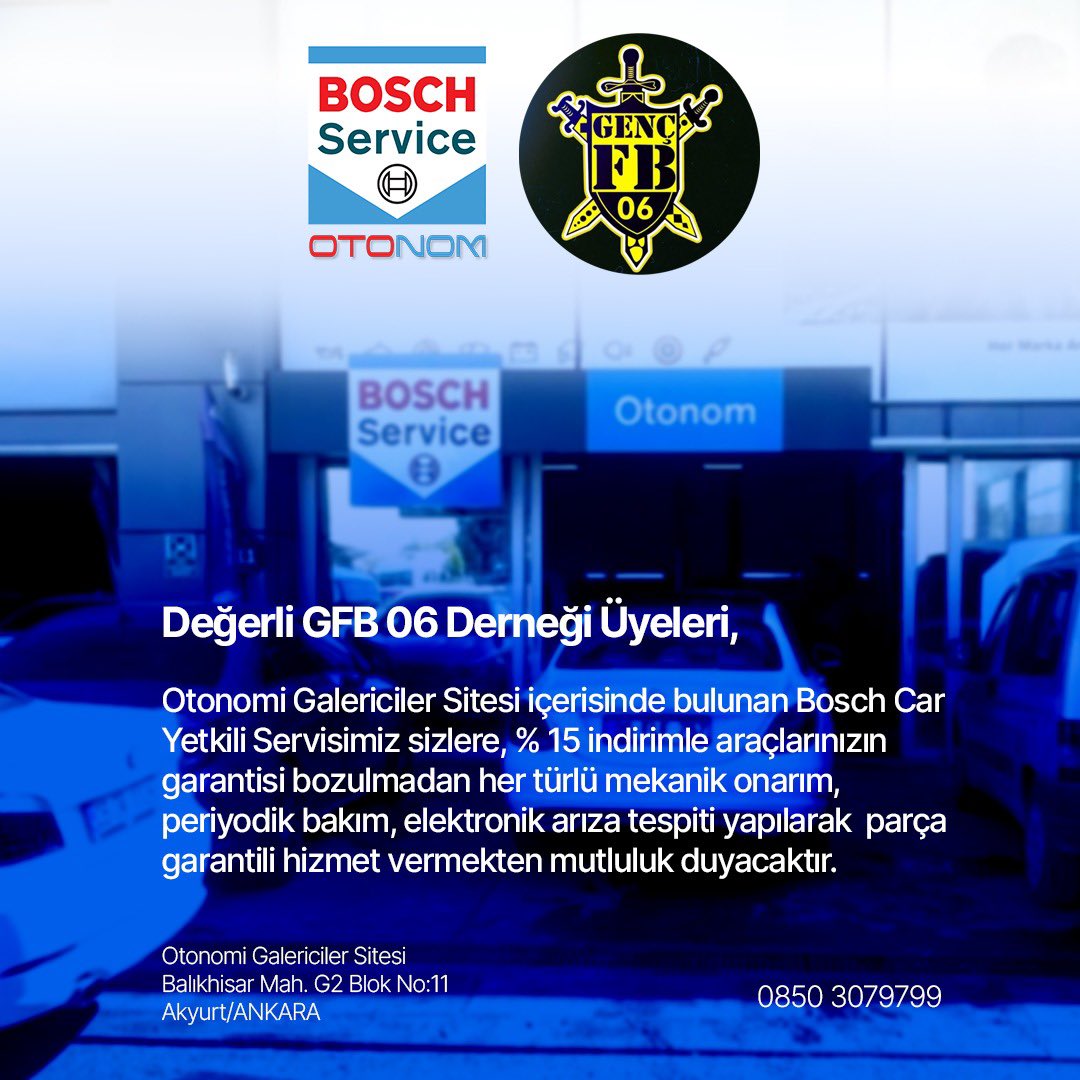 Otonomi Galericiler Sitesinde bulunan Bosch Car yetkili servisi; araçlarınızın onarım, periyodik bakım ve arıza tespiti gibi işlemleri için grubumuz üyelerine özel %15 indirim sağlayacaktır. Üyelerimizin bilgisine sunarız.