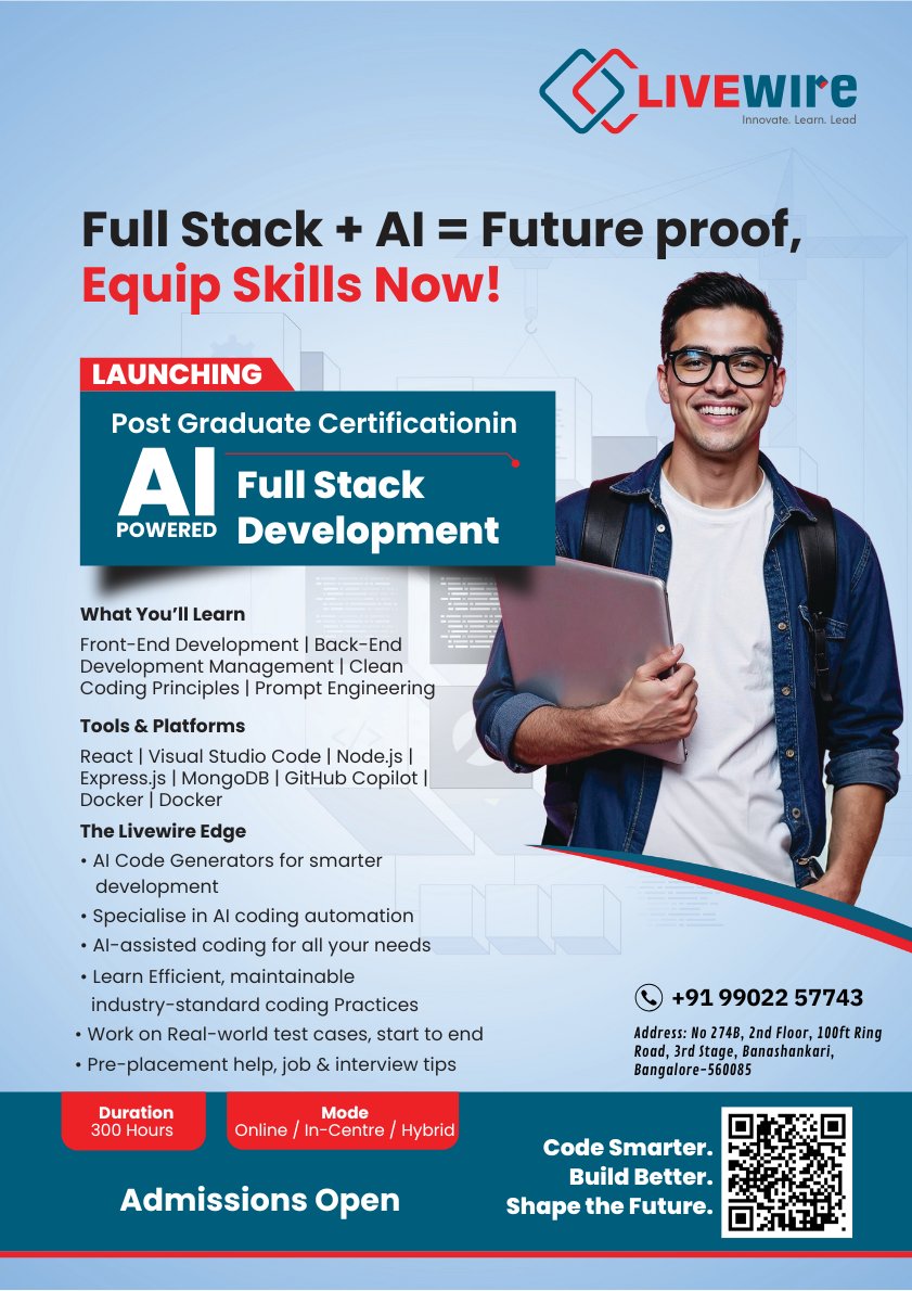 BskLivewire's tweet image. 🤖💻 Learn AI-Powered Full Stack Development!
Code faster, deploy smarter, build job-ready projects with AI-driven tools.
Livewire India – Banashankari (CADD Centre)
Call: +91 99022 57743
#AIinCoding #FullStack #WebDev #LivewireIndia #CADDcentre #TechCareers