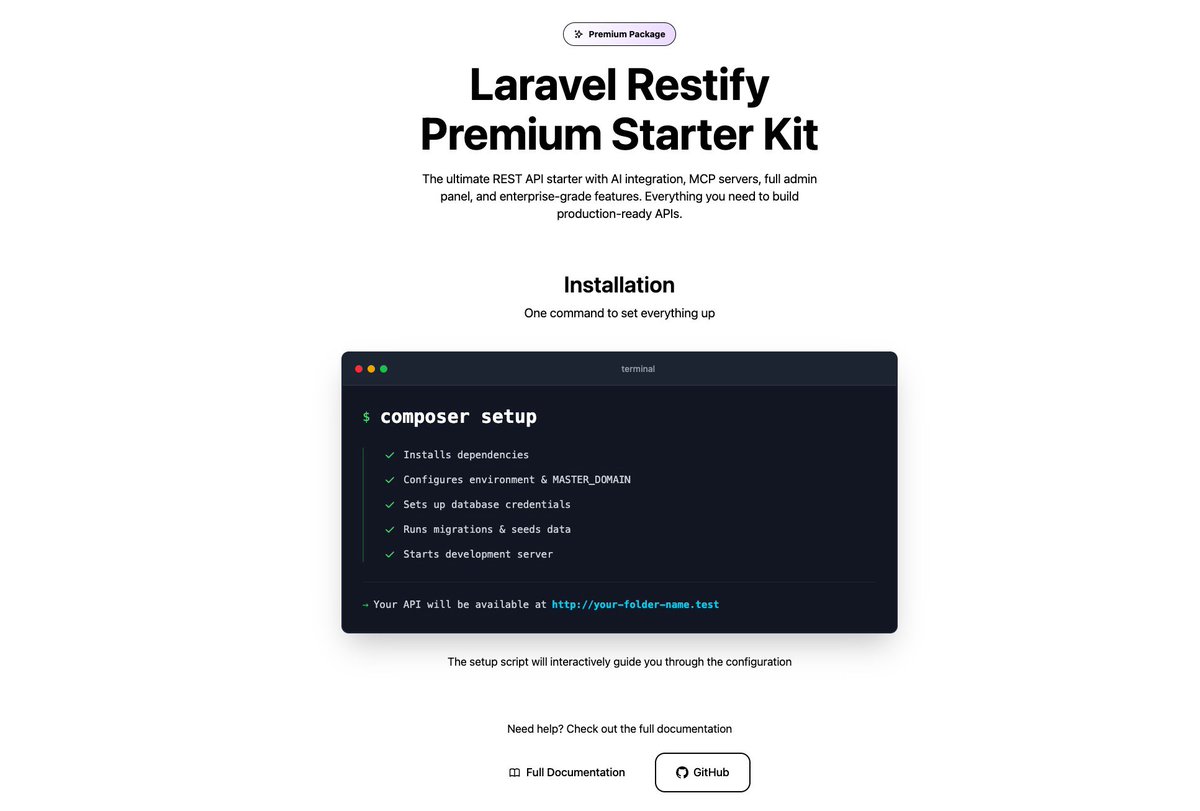 Love this setup page for Restify Templates restifytemplates.com

#laravel #php #mcp #ai