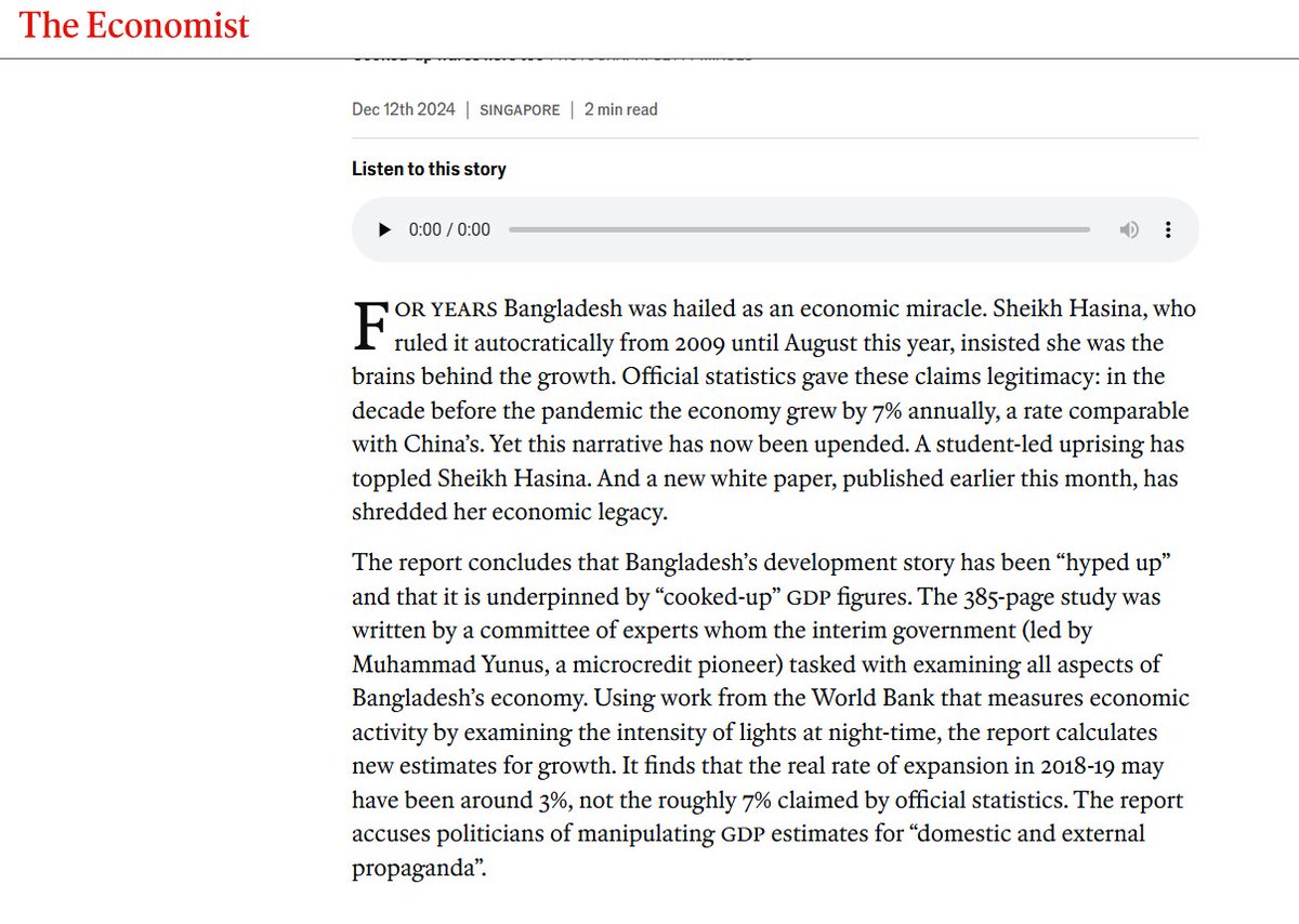 prasannavishy's tweet image. Missed this completely. Even The Economist covered this.

Bangladesh’s growth miracle was built on cooked-up GDP numbers, says a White Paper on &apos;State of the Bangladesh Economy&quot;, submitted to the Chief Adviser

Growth has been overstated since 1995  and most certainly massively…