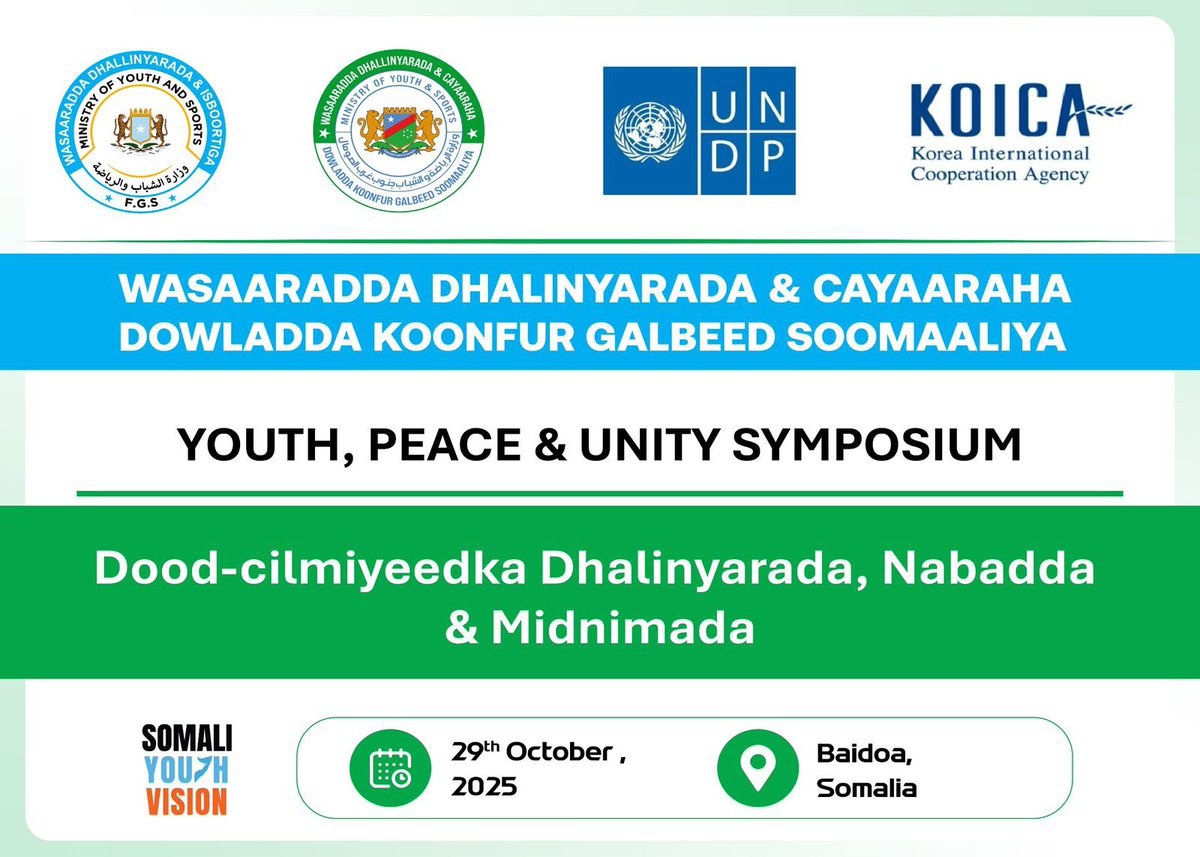 SYV  moderated and coordinated the Youth, Peace &amp; Unity Symposium in Baidoa, amplifying youth voices in critical discussions on peace, security, and national identity. Proud to support the SOUTH West State Ministry of Youth in creating spaces where young Somalis lead the change