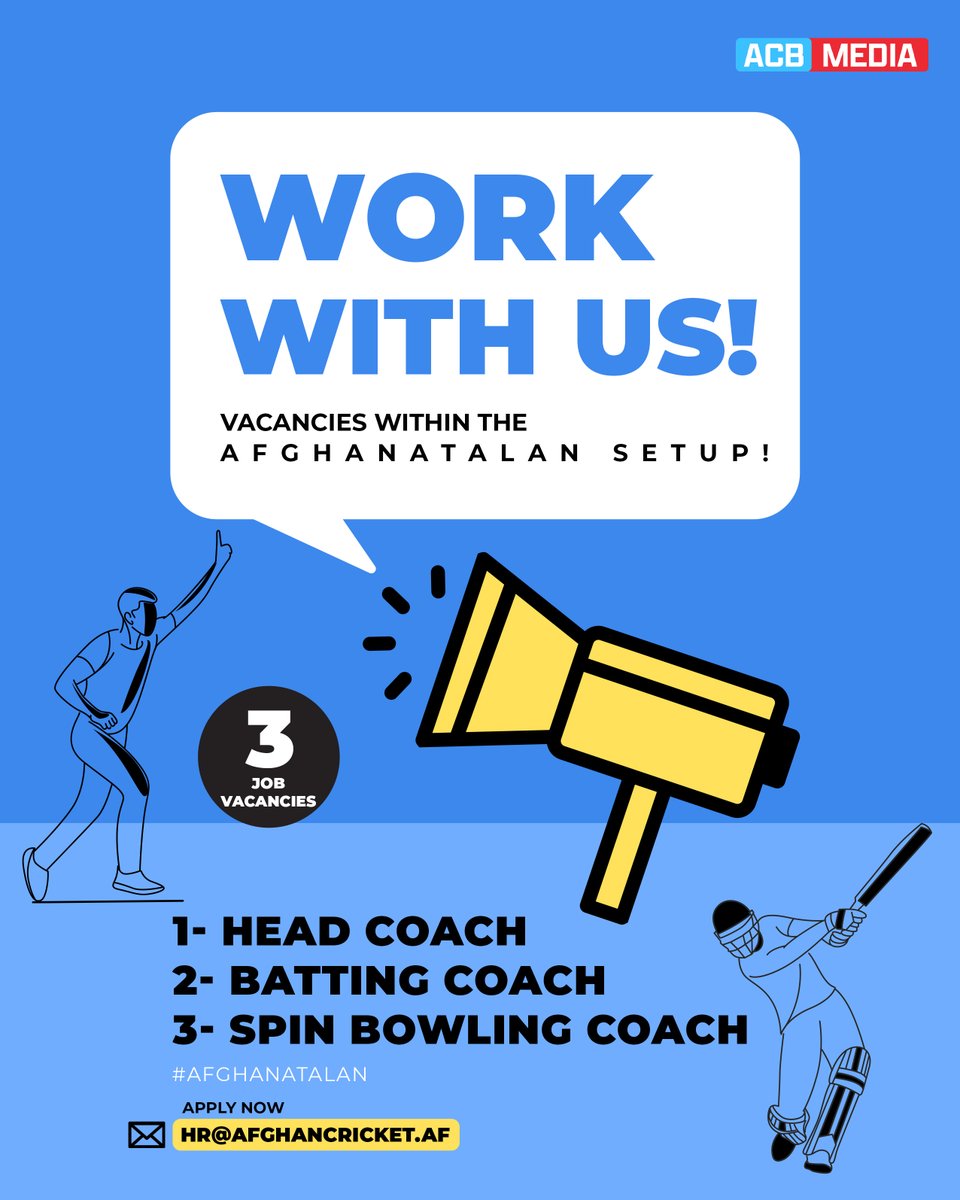 ACBofficials's tweet image. 𝐖𝐚𝐧𝐭 𝐭𝐨 𝐉𝐨𝐢𝐧 𝐀𝐟𝐠𝐡𝐚𝐧𝐢𝐬𝐭𝐚𝐧 𝐂𝐫𝐢𝐜𝐤𝐞𝐭?! 🚨

The Afghanistan Cricket Board is seeking qualified individuals for the key positions of Head Coach, Batting Coach, and Spin Bowling Coach within the Senior National Team&apos;s Setup. If you are interested in working…