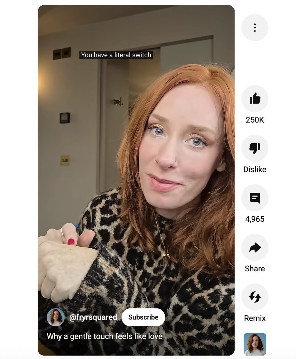 Check out this interesting short reel from Hannah Fry <a href="/FryRsquared/">Hannah Fry</a> Fry about how gentle touch not only makes us safe and loved, but that evolution has it pre-programmed into every one of us. Now go and test it out on a loved one! ❤️ youtube.com/shorts/RrfkCsl…
#touch #love