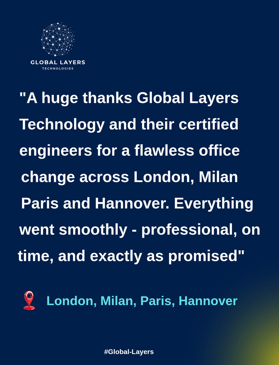 global_layer's tweet image. A huge thanks to Global Layers Technology and their certified engineers for a flawless office change across London, Milan, Paris, and Hannover.

📍 London, Milan, Paris, Hannover

📩 sales@global-layers.com

#GlobalLayersTechnology
