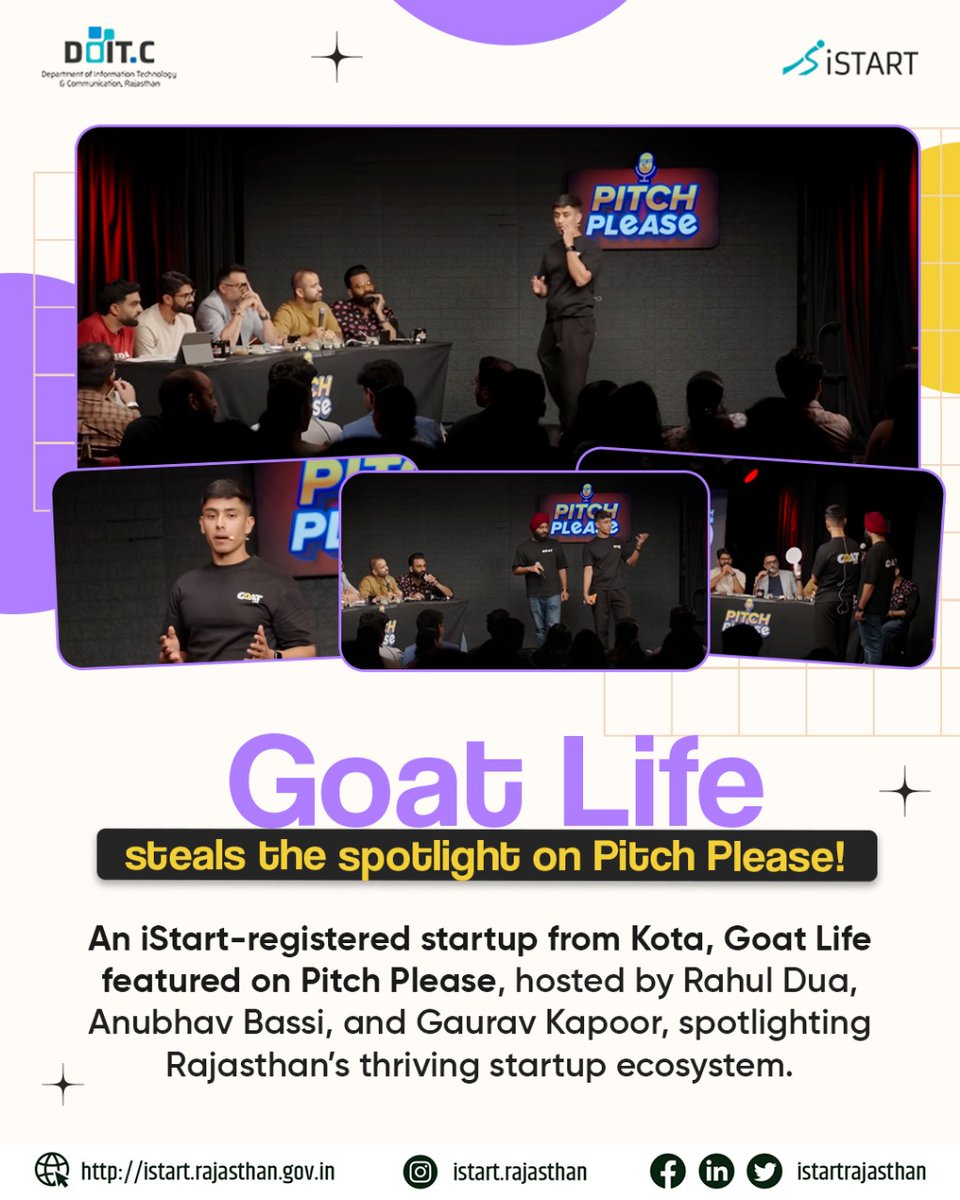 When a startup from Kota meets a national stage, it’s a moment worth watching! 🌟

Goat Life, an iStart-registered startup, took the spotlight on Pitch Please alongside Rahul Dua, Anubhav Bassi, and Gaurav Kapoor, showing the world that Rajasthan’s innovators are ready to play