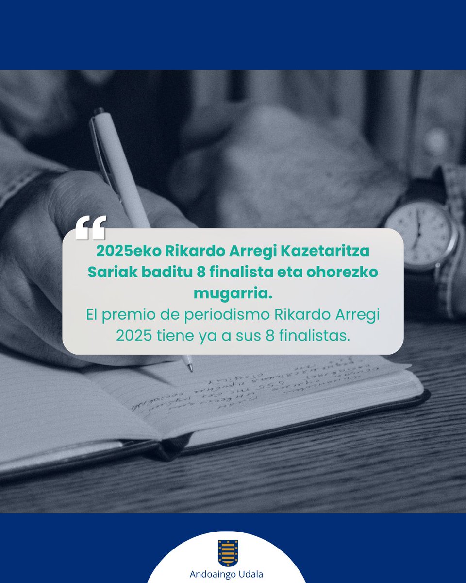 2025eko Rikardo Arregi Kazetaritza Sariak baditu zortzi finalista eta ohorezko mugarria.

El premio de periodismo Rikardo Arregi 2025 tiene ya a sus ocho finalistas.

➡️Informazio guztia / Toda la información: labur.eus/paagdaz3

#Andoain #andoainbizitzeko