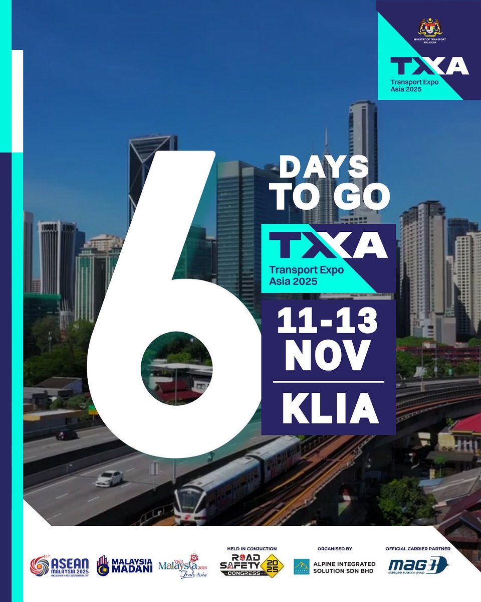 COUNTDOWN TO TXA 2025: 6 DAYS TO GO! ✈

The momentum is building! In just 6 days, the region’s most anticipated transport, logistics, and mobility innovation event, Transport Expo Asia (TXA) 2025, will take flight!

📅 11–13 November 2025
📍 Sama-Sama Hotel, KLIA, Kuala Lumpur