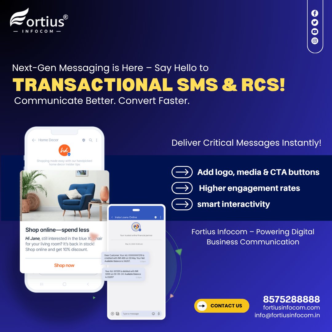 fortiusinfocom's tweet image. Tired of delayed alerts? ⏱️

Switch to instant delivery with RCS + Transactional SMS! 💬

Send interactive, branded messages &amp;amp; build customer trust. ⚡

#TransactionalSMS #RCSMessaging 

📞 +91 85752 88888
🌐 fortiusinfocom.com/rcs_sms
🌐 fortiusinfocom.com/bulk_sms