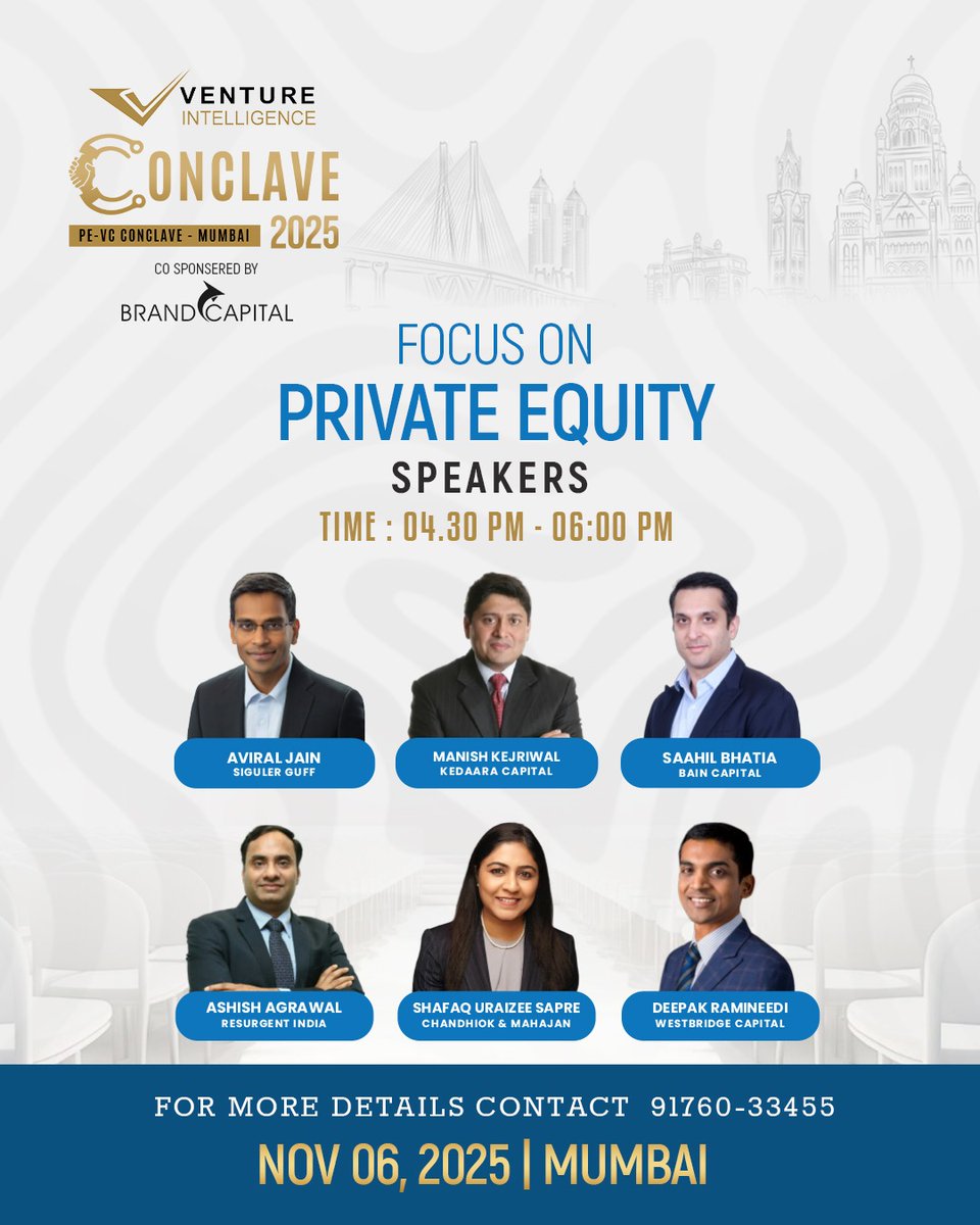 Listen to the top brains in the Panel - Private Equity: The Road Ahead at Venture Intelligence PE-VC Conclave on November 6 in Mumbai.

To register click imojo.in/mumbaiconcalve for more details static-site.ventureintelligence.com/conclave25-m/