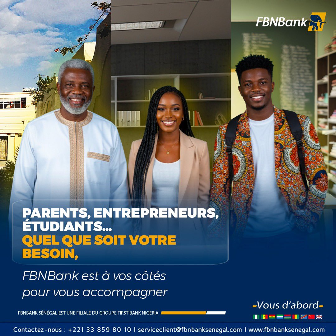 Parce que chaque parcours est unique, nous vous accompagnons à chaque étape de votre vie financière avec des solutions adaptées, simples et accessibles.

📞 +221 77 765 34 58
📧 serviceclient@firstbankgroup.com
🌐 fbnbanksenegal.com

FBNBANK, Vous d’abord !

 #FBNBank